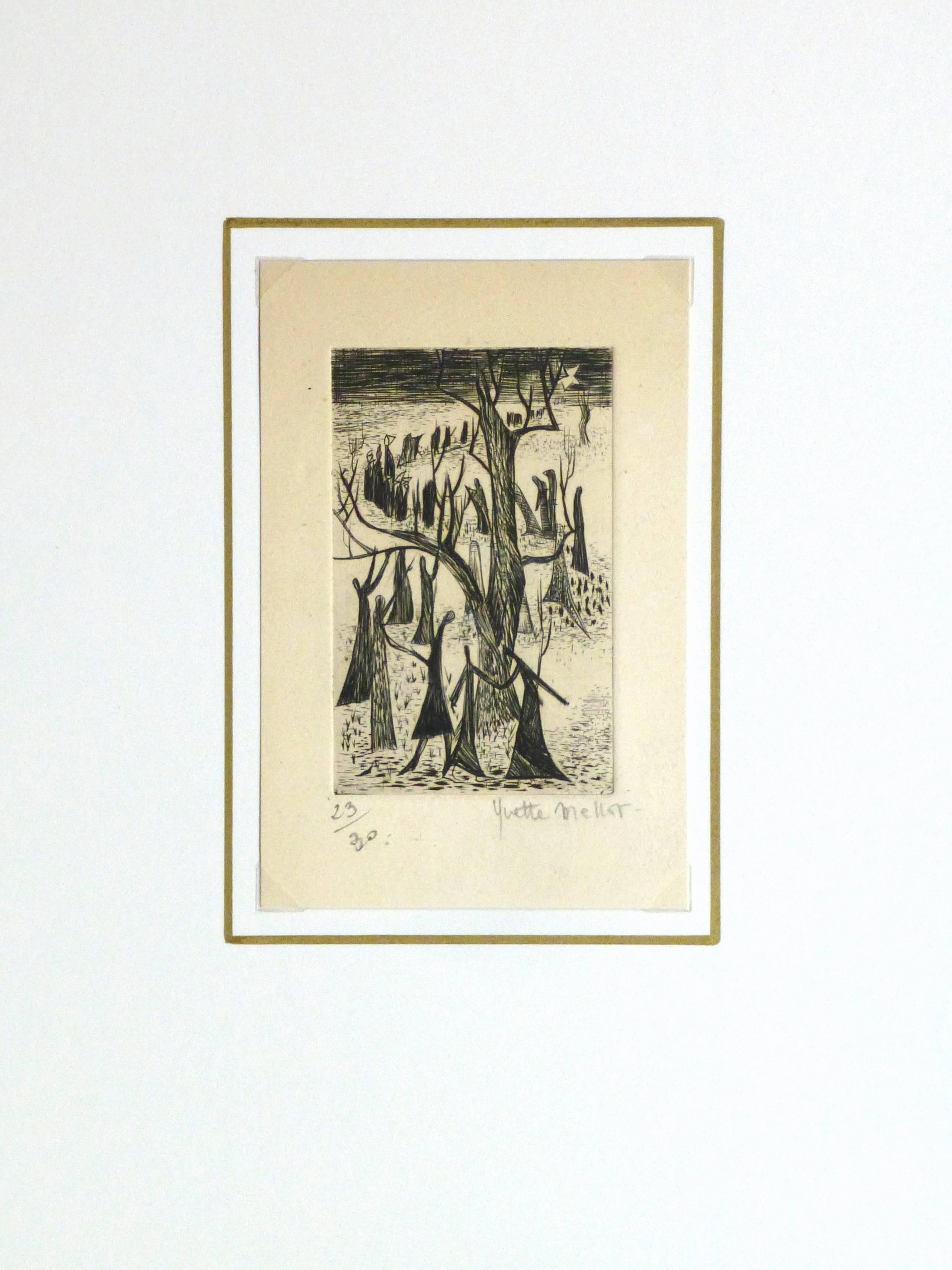 French Etching - The Tree People - Beige Figurative Print by Yvette Mellot