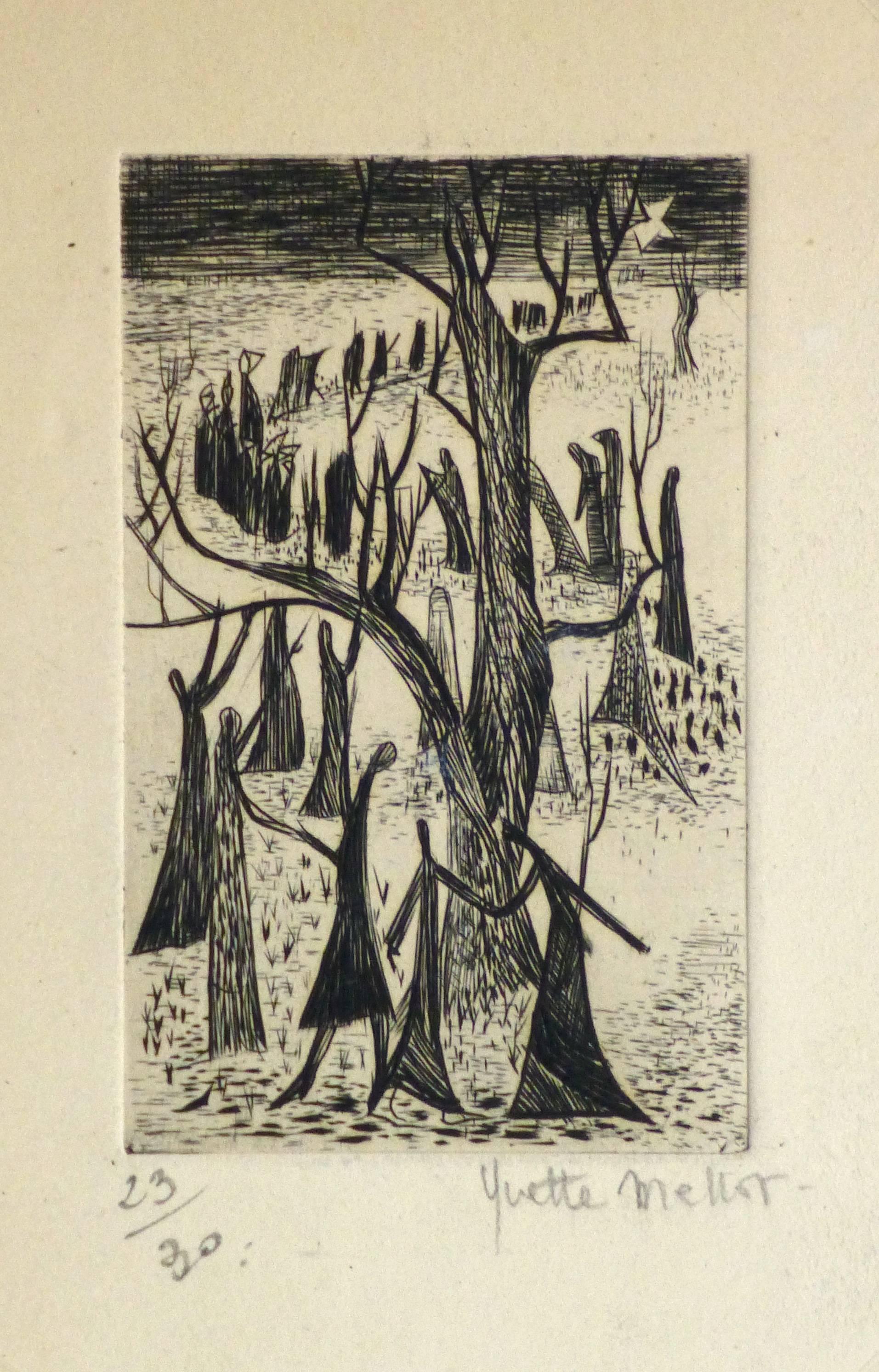 Yvette Mellot Figurative Print - French Etching - The Tree People