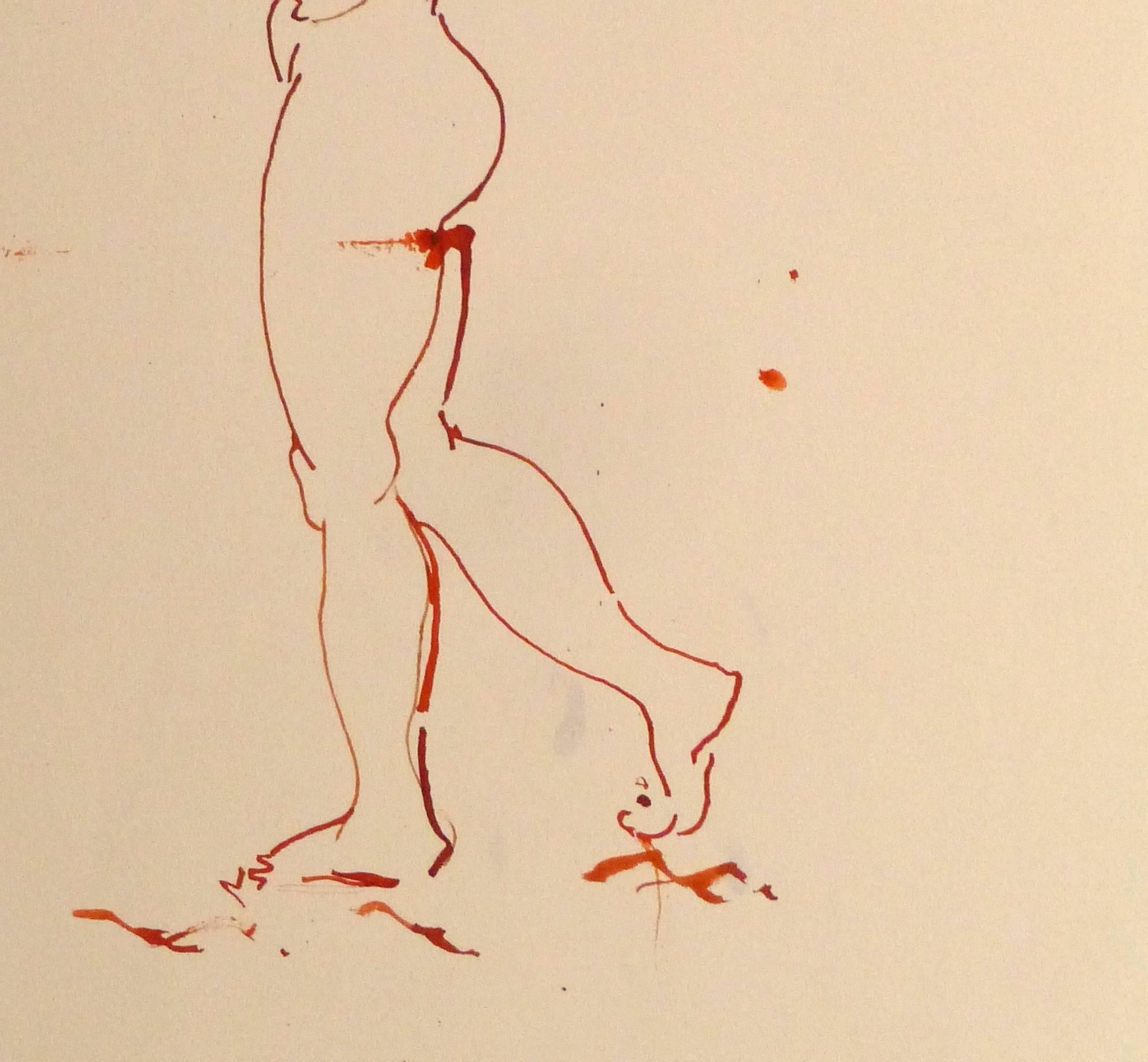 Contemporary ink drawing in a deep red of a nude female figure in a standing position by franco-japanese artist Kei Mitsuuchi, circa 1990. 

Original artwork on paper displayed on a white mat with a gold border. Archival plastic sleeve and