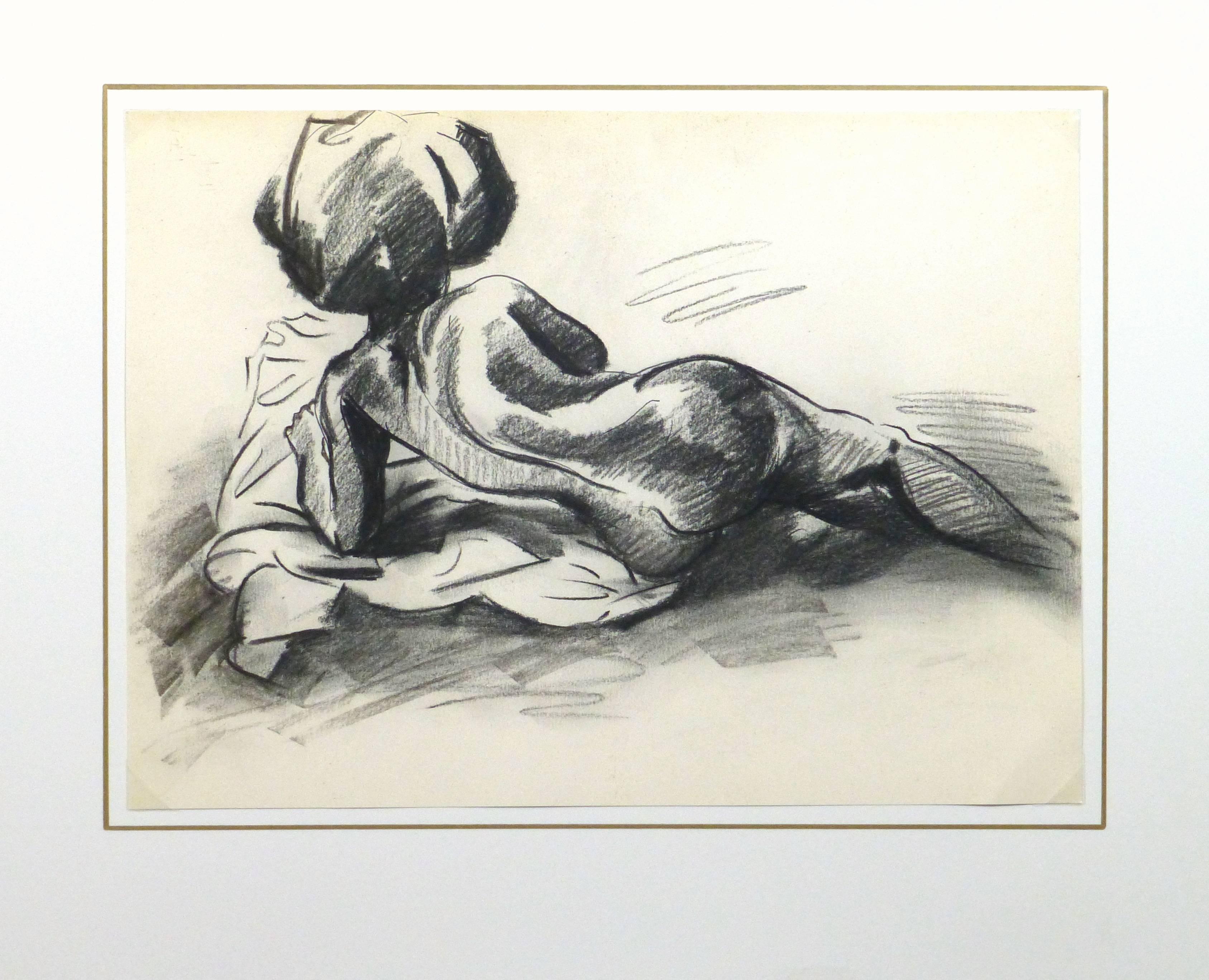 Kräftiger schwarzer und weißer Pastellakt einer Rückenansicht einer liegenden weiblichen Figur von Kei Mitsuuchi, um 1990.

Originalkunstwerk auf Papier auf einem weißen Passepartout mit Goldrand. Die Matte passt in einen Rahmen in Standardgröße.