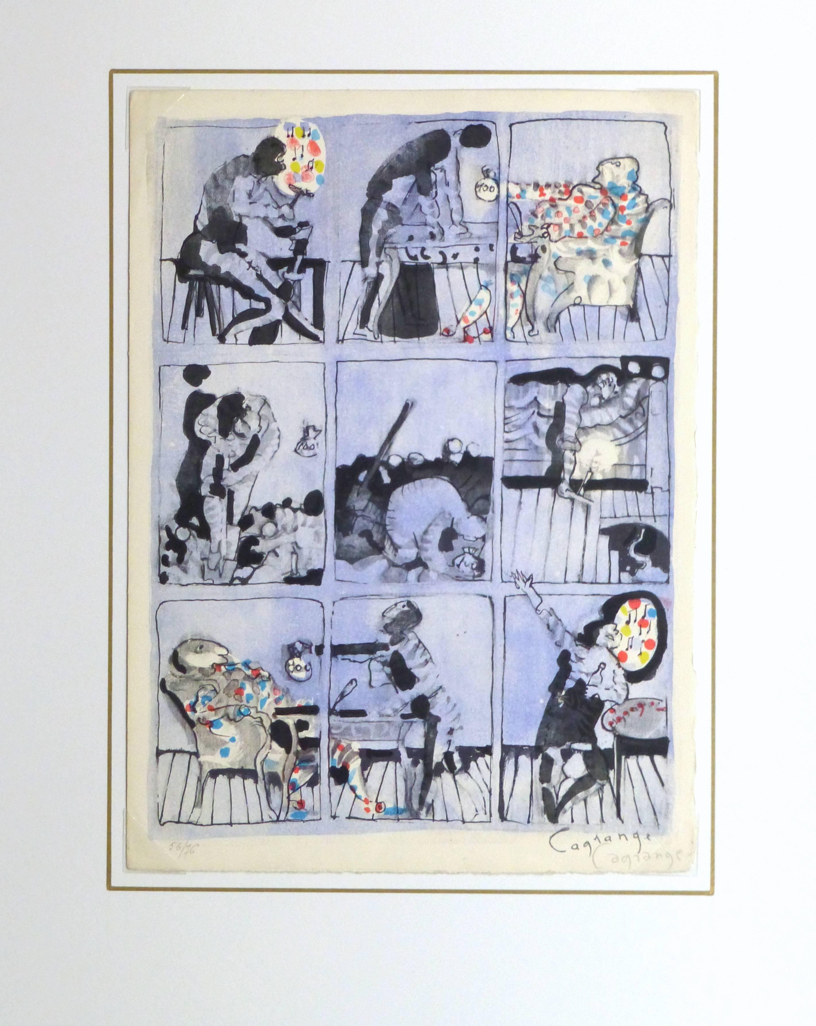 Lively color lithograph depicting the burdens and complications of money in a comical manner by Jacques Lagrange, circa 1990. Signed lower right and numbered 56 of 76 lower left. 

Original artwork on paper displayed on a white mat with a gold