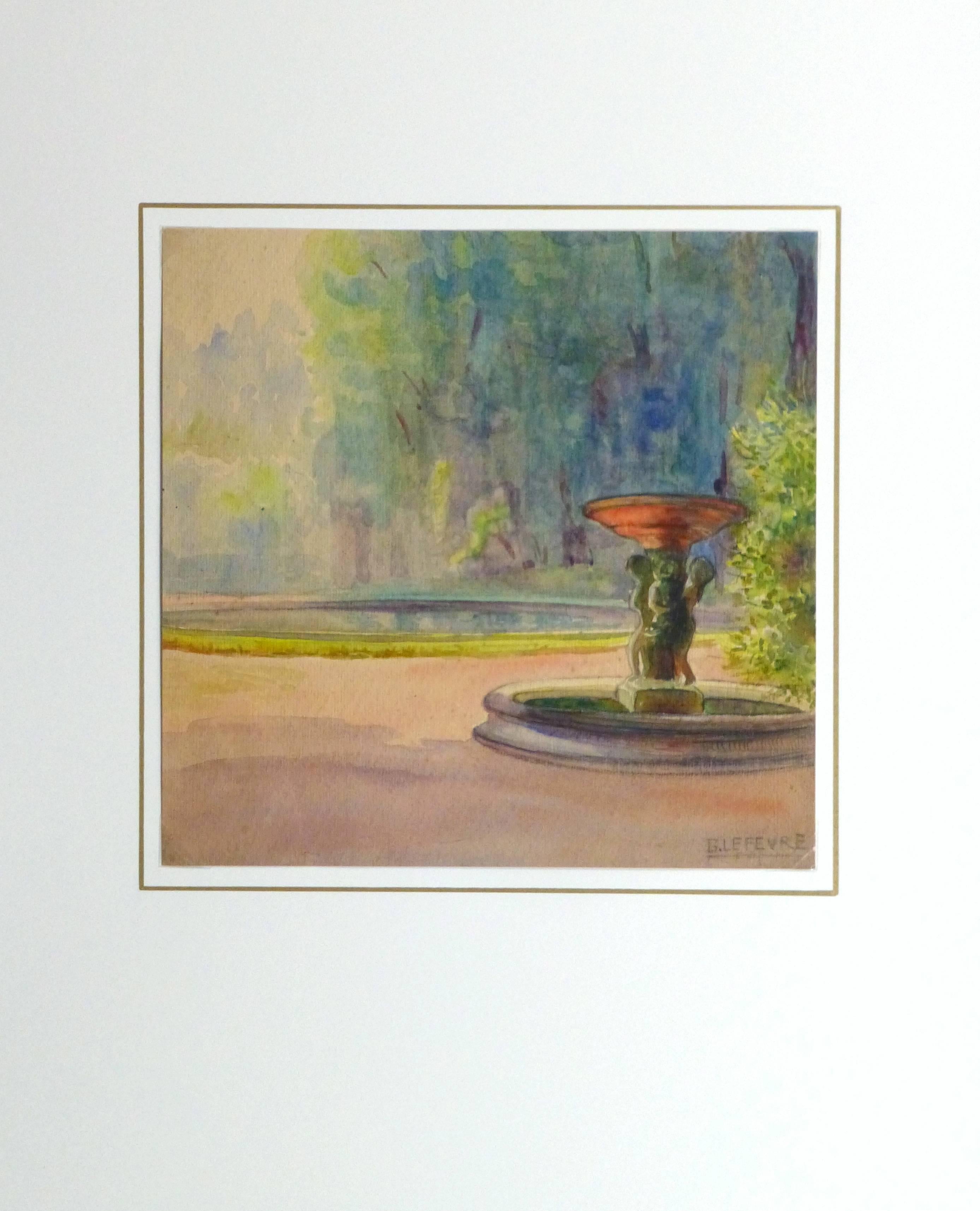 French Watercolor - Versailles Fountain - Brown Landscape Art by Unknown