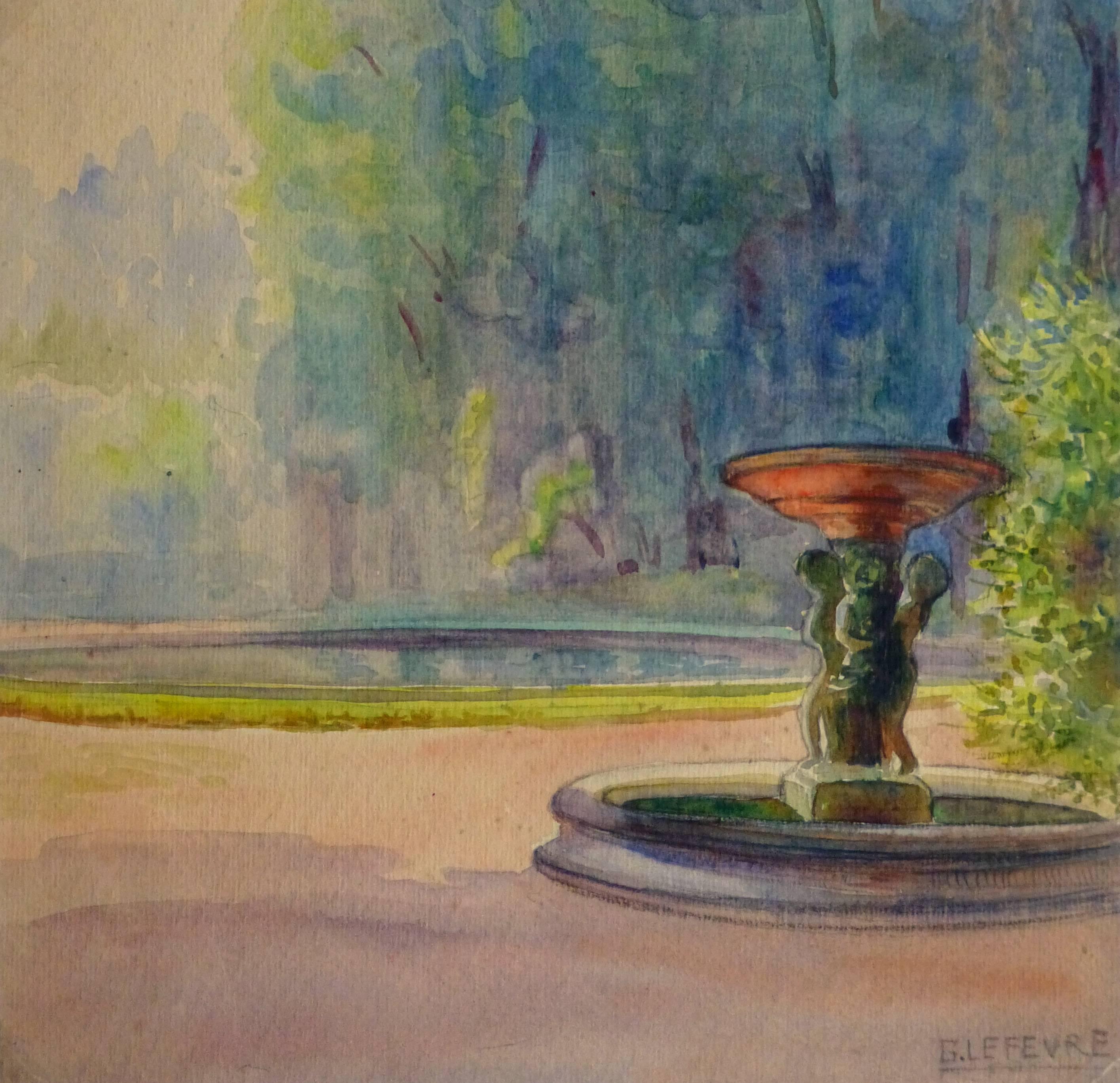 Unknown Landscape Art - French Watercolor - Versailles Fountain