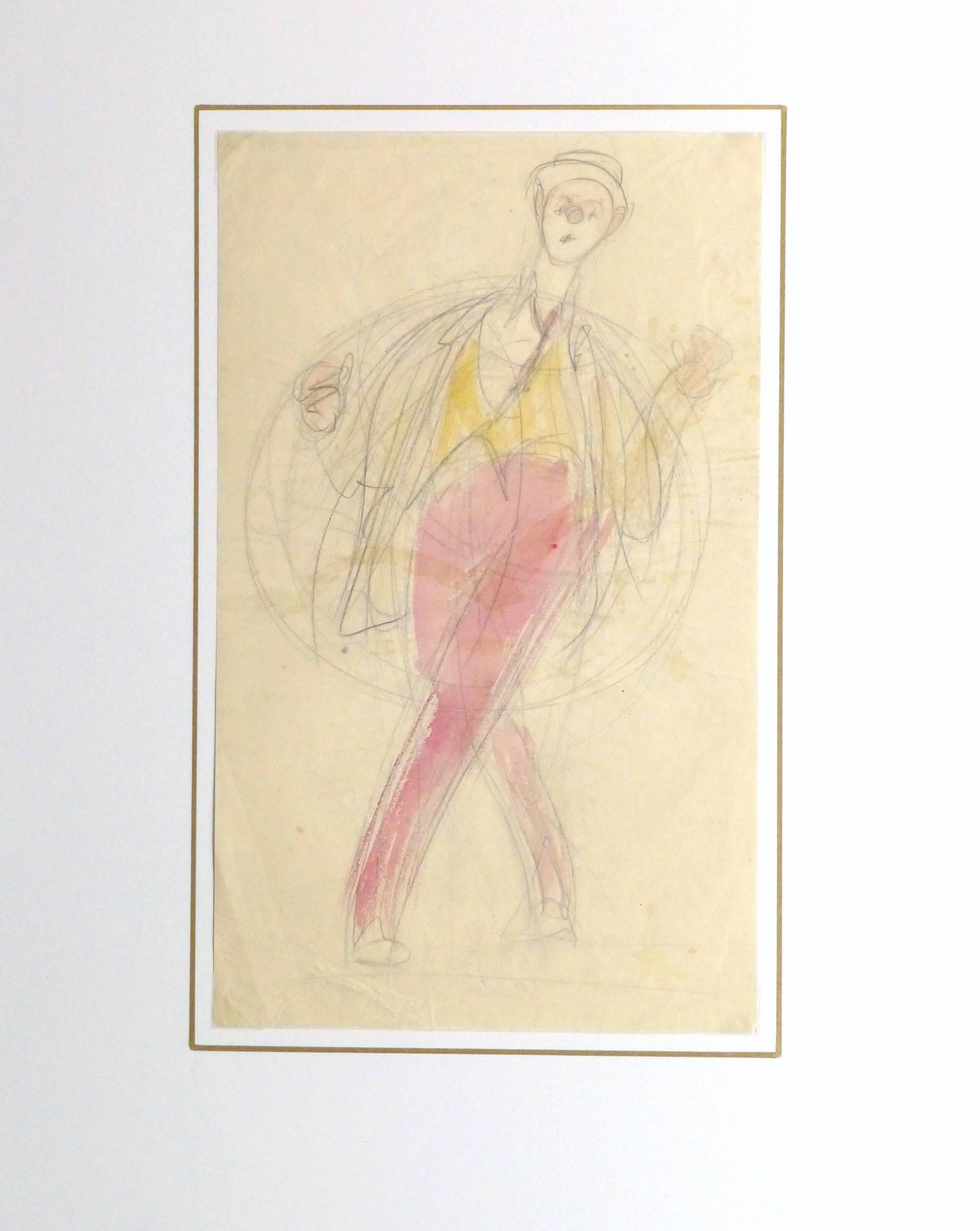 Spirited pencil and watercolor sketch of a performing clown, circa 1940.

Original artwork on paper displayed on a white mat with a gold border. Archival plastic sleeve and Certificate of Authenticity included. Artwork, 14