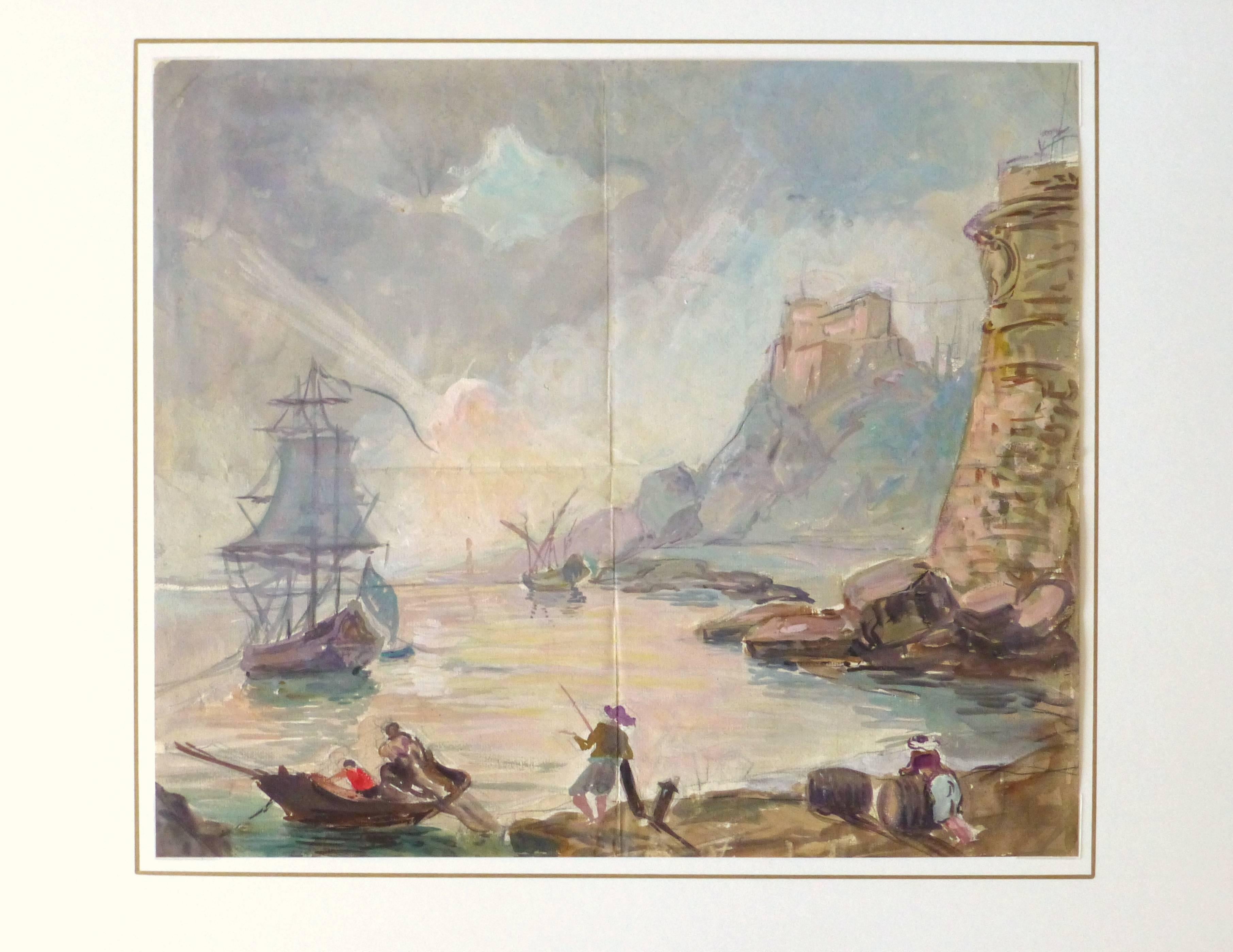 Spectacular watercolor seascape of boats in a old world harbor under a dusk colored sky, circa 1860.

Original artwork on paper displayed on a white mat with a gold border. Archival plastic sleeve and Certificate of Authenticity included. Artwork,
