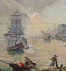 French Watercolor Seascape - Sunset Harbor