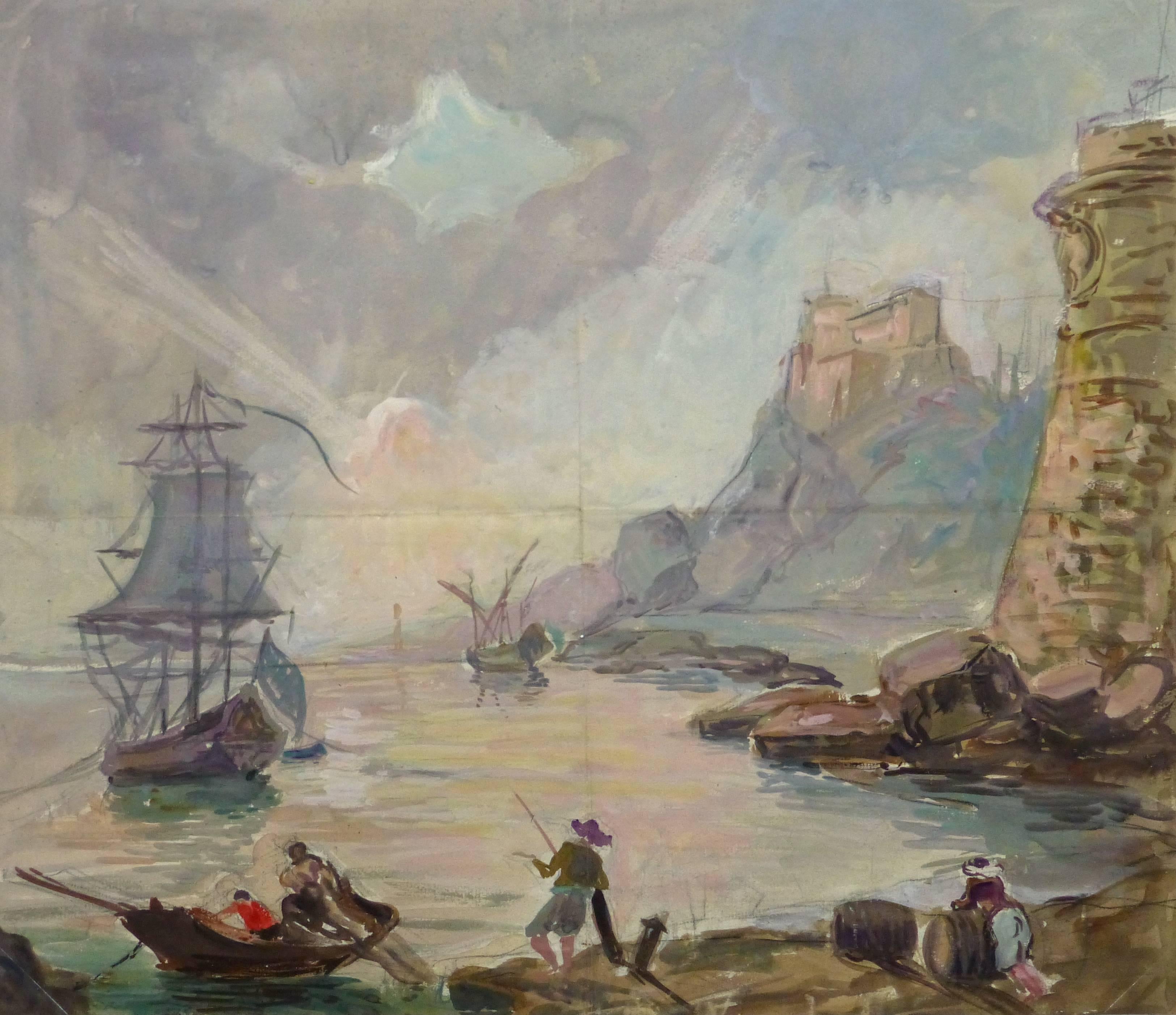 Landscape Art de Unknown - Acuarela francesa Paisaje marino - Puesta de sol en el puerto