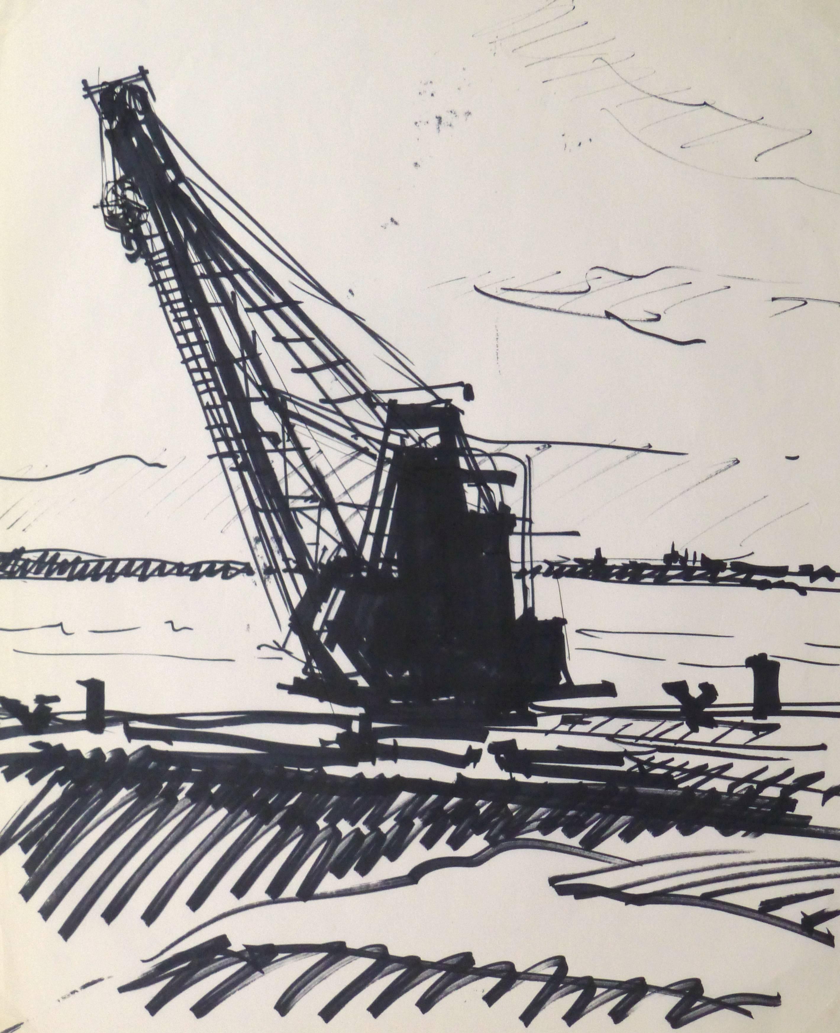 Kei Mitsuuchi Landscape Art - Ink Drawing -  Harbor Crane