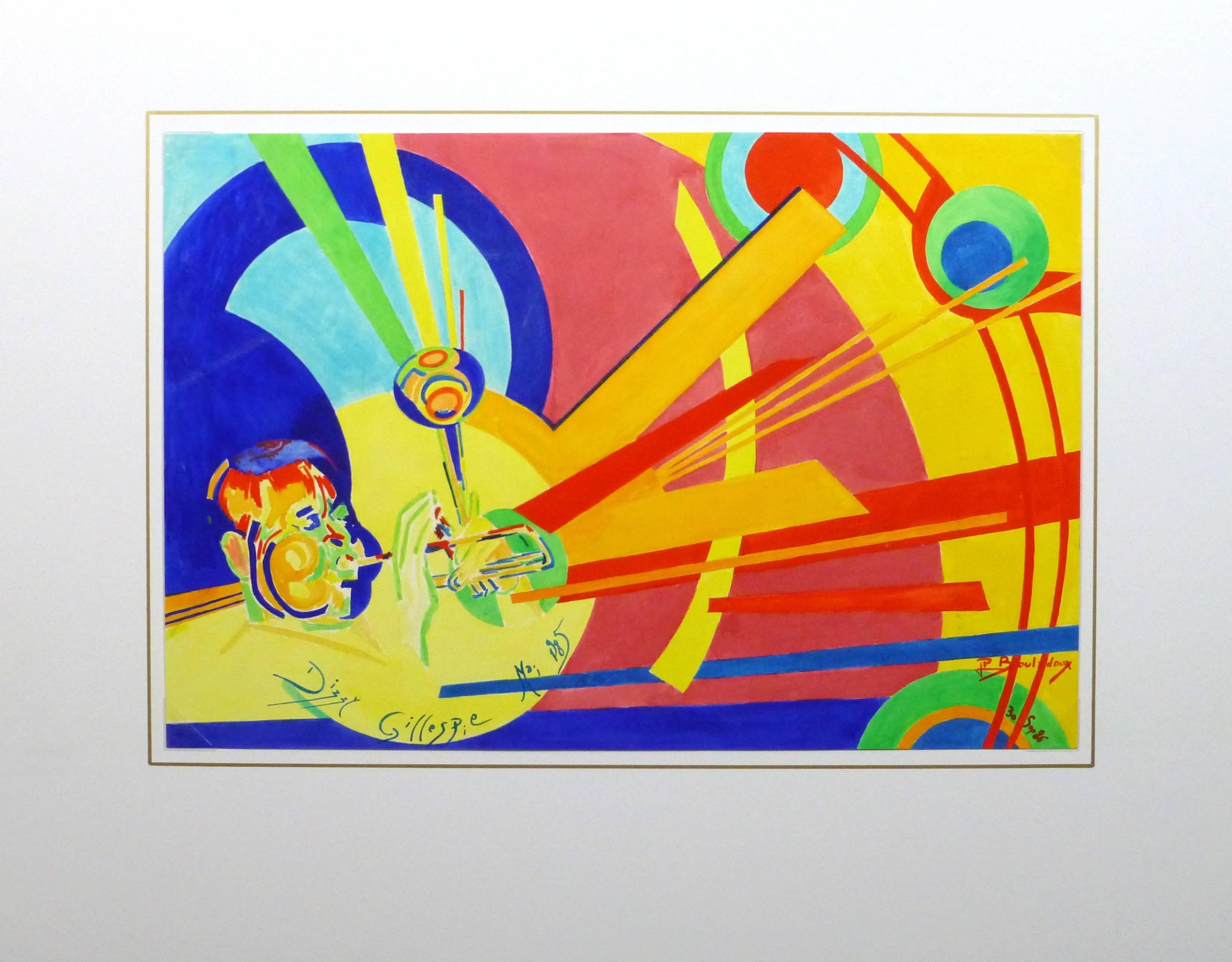 Dazzling use of color in this abstract acrylic tribute to the late Dizzy Gillespie by JP Bouladoux, 1986. Signed and dated lower right. 

Original artwork on paper displayed on a white mat with a gold border. Archival plastic sleeve and Certificate