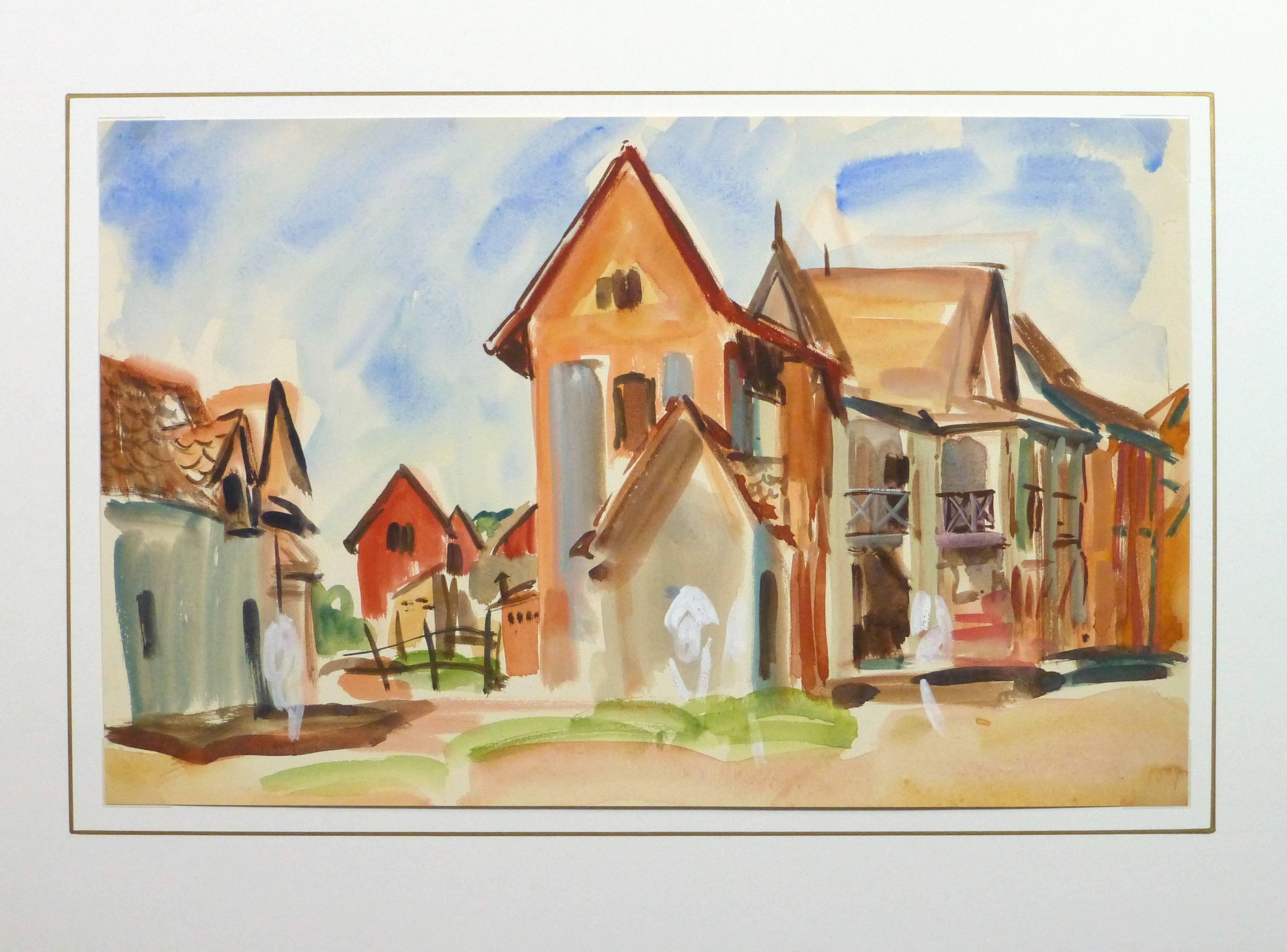 Sunny and bright watercolor of a section of buildings in an island town of Madagascar by French artist Stephane Magnard, circa 1950. 

Original artwork on paper displayed on a white mat with a gold border. Archival plastic sleeve and Certificate