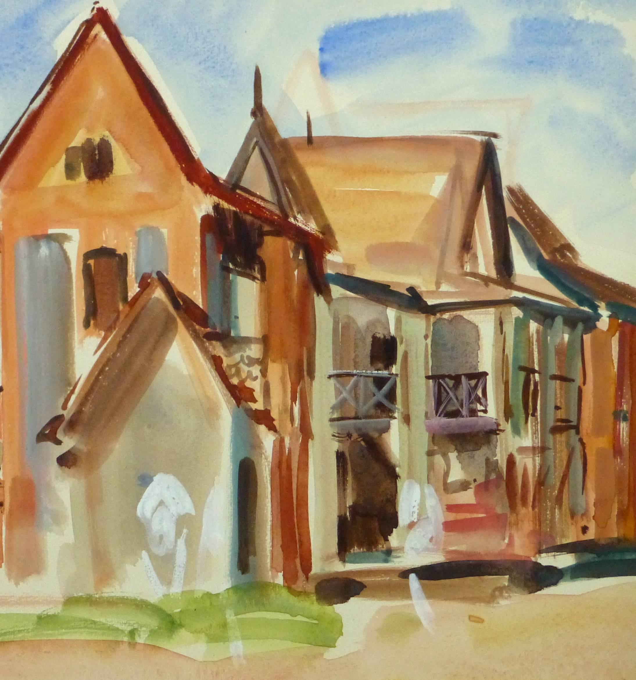 French Watercolor - Tropical Village - Brown Landscape Art by Stephane Magnard