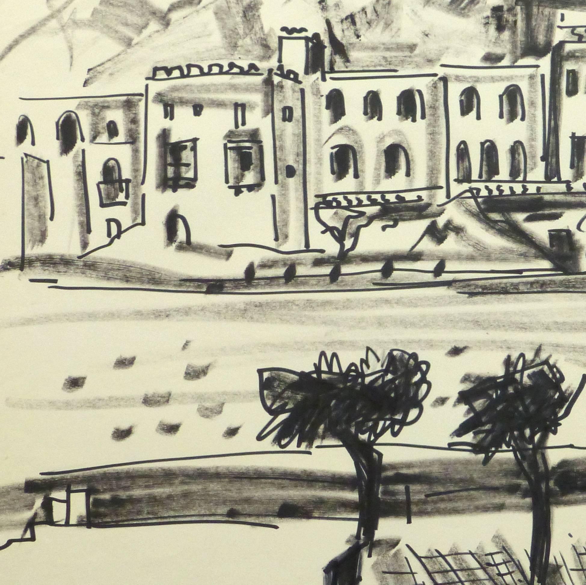 French Ink Drawing - Waterfront Villas - Art by Jean-Baptiste Grancher