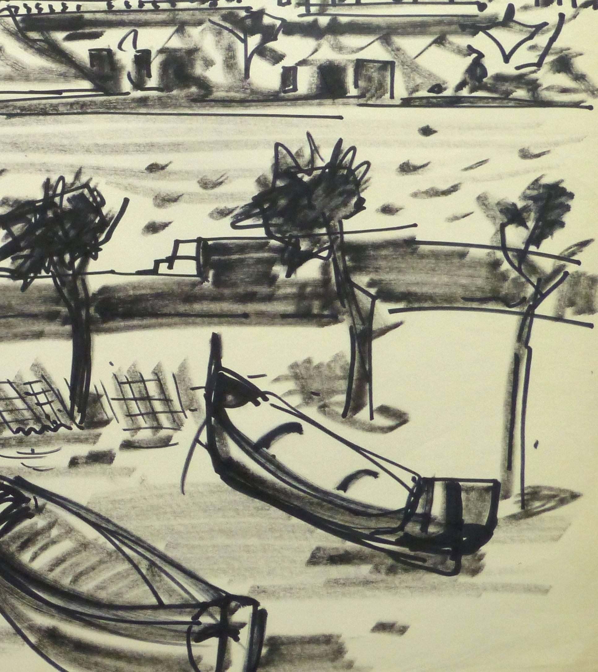 French Ink Drawing - Waterfront Villas - Beige Landscape Art by Jean-Baptiste Grancher