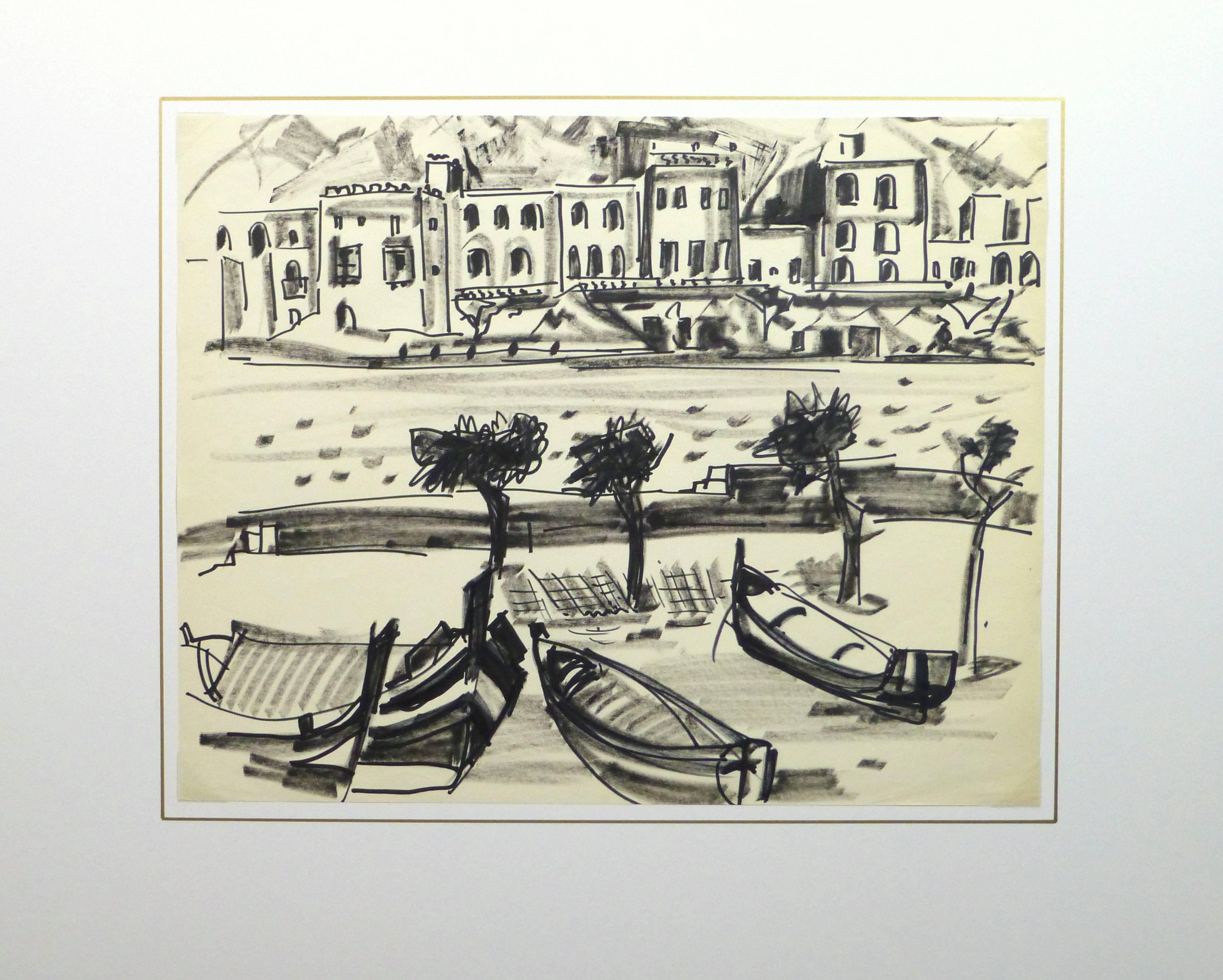 Large black and white ink drawing of a villas lining the edge of a calm river by Jean Baptiste Grancher, circa 1960. 

Original artwork on paper displayed on a white mat with a gold border. Archival plastic sleeve and Certificate of Authenticity