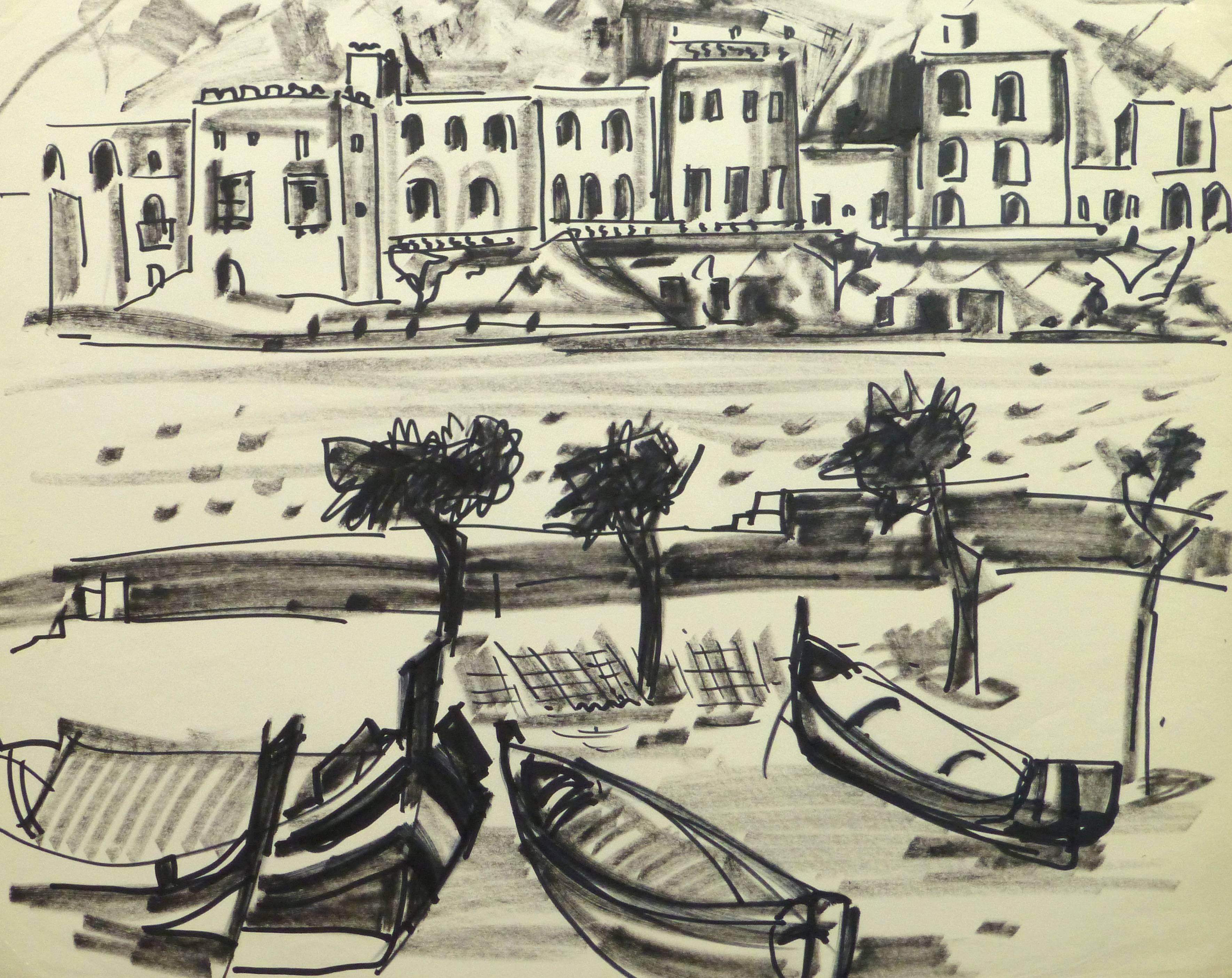 Jean-Baptiste Grancher Landscape Art - French Ink Drawing - Waterfront Villas