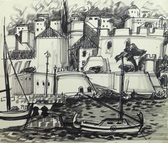French Ink Drawing  - Coastal Town