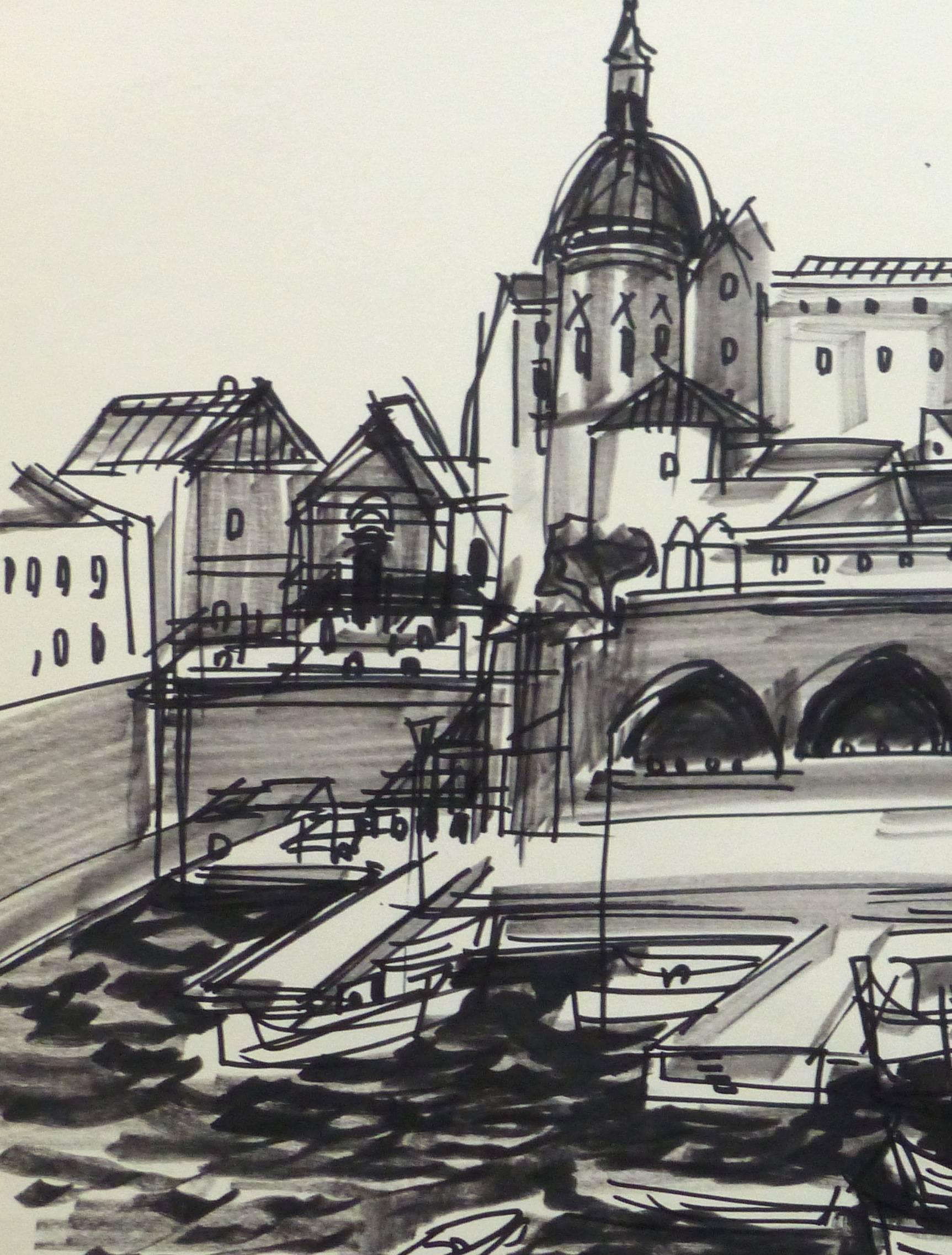 French Ink Drawing  - City Marina - Gray Landscape Art by Jean-Baptiste Grancher