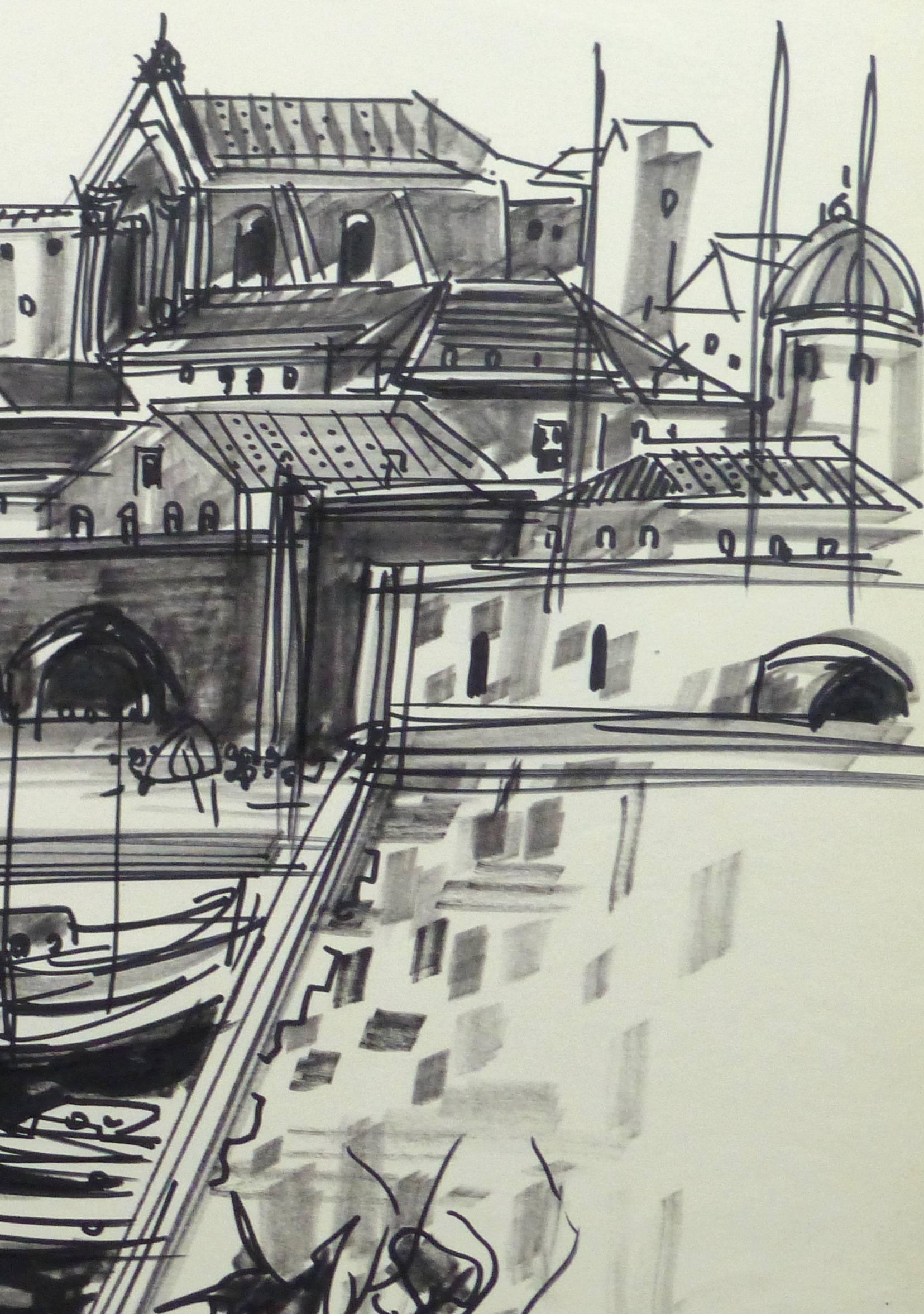 French Ink Drawing  - City Marina - Art by Jean-Baptiste Grancher