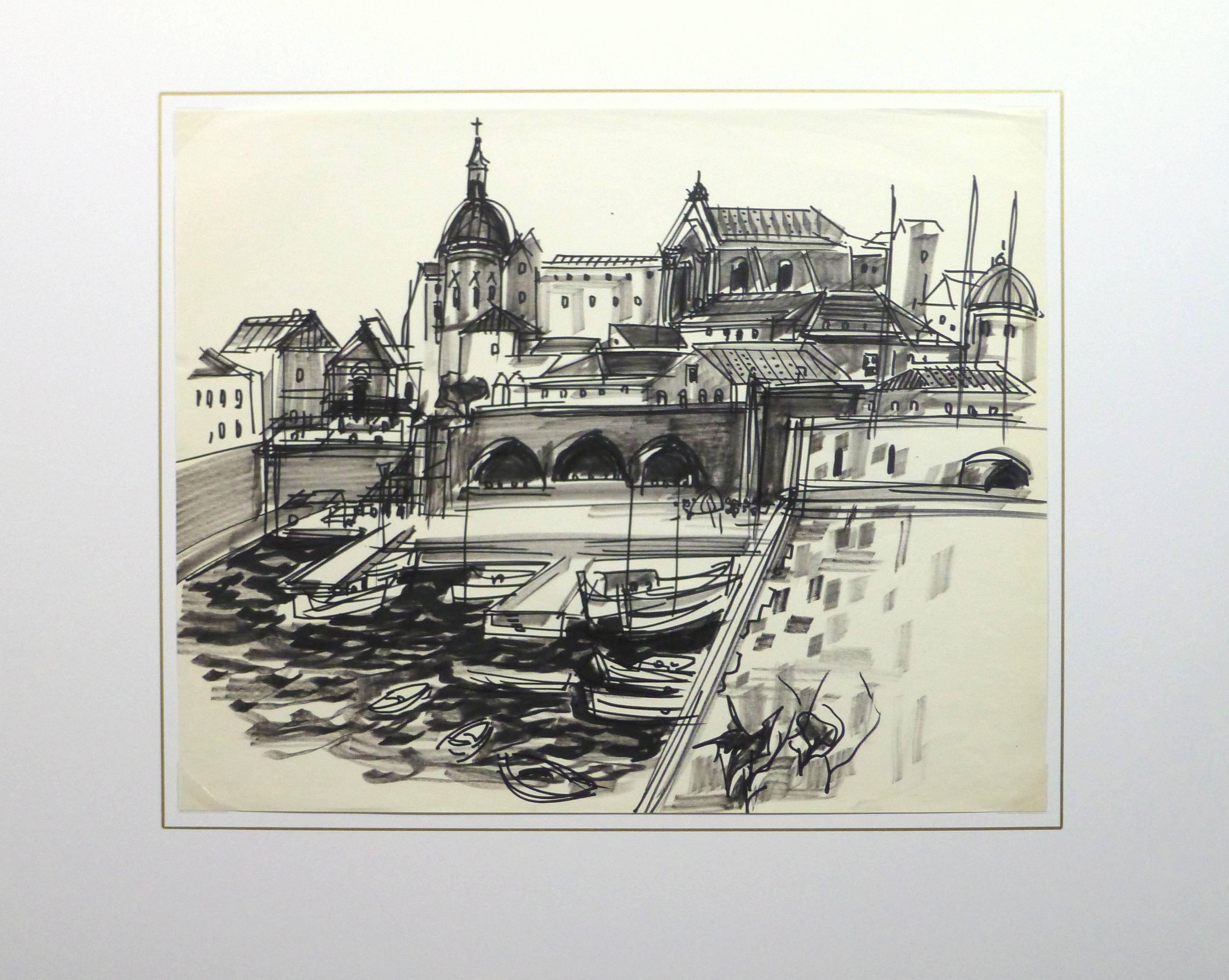 Lovely black and white ink drawing of city buildings surrounding a small marina by French artist Jean Baptiste Grancher (1911-1974), circa 1960.

Original artwork on paper displayed on a white mat with a gold border. Archival plastic sleeve and