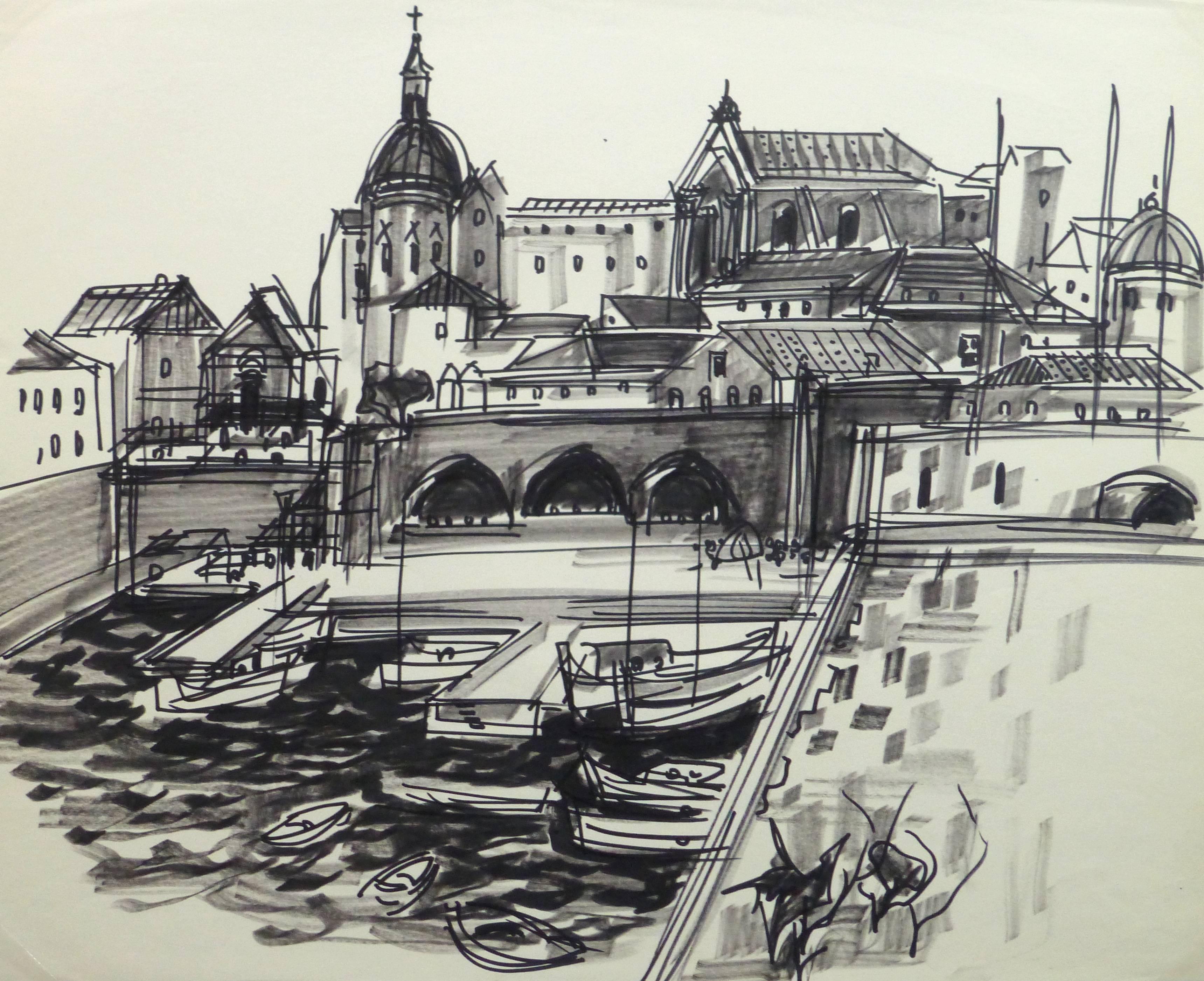 Jean-Baptiste Grancher Landscape Art - French Ink Drawing  - City Marina