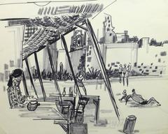 French Ink Drawing - Beachfront Cafe