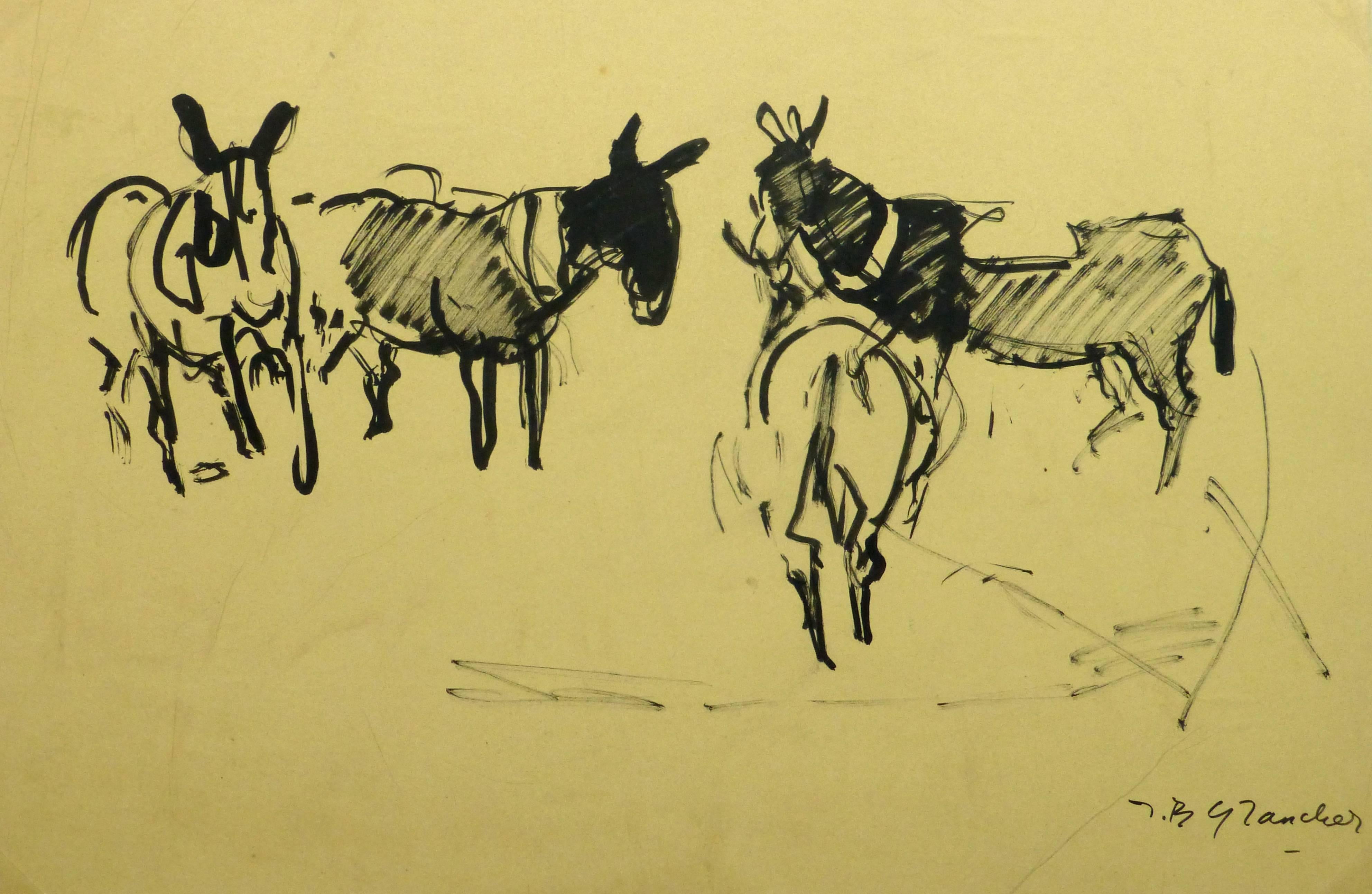 Jean Baptiste Granger Animal Painting - French Ink Painting - Les Mules dans le Champ