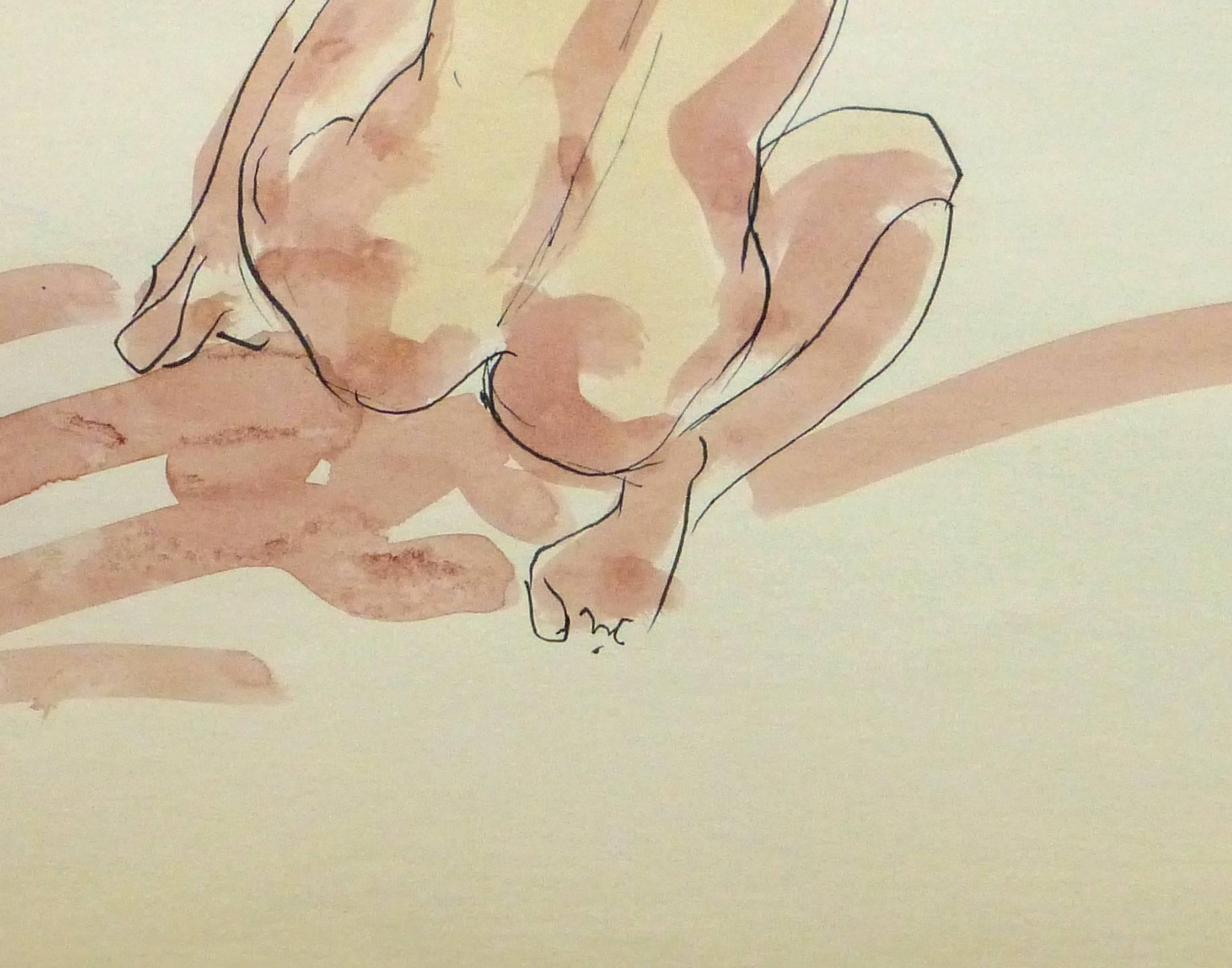 French ink and watercolor painting of a female nude in kneeling pose, circa 1990.

Original artwork on paper displayed on a white mat with a gold border. Mat fits a standard-size frame. Archival plastic sleeve and Certificate of Authenticity