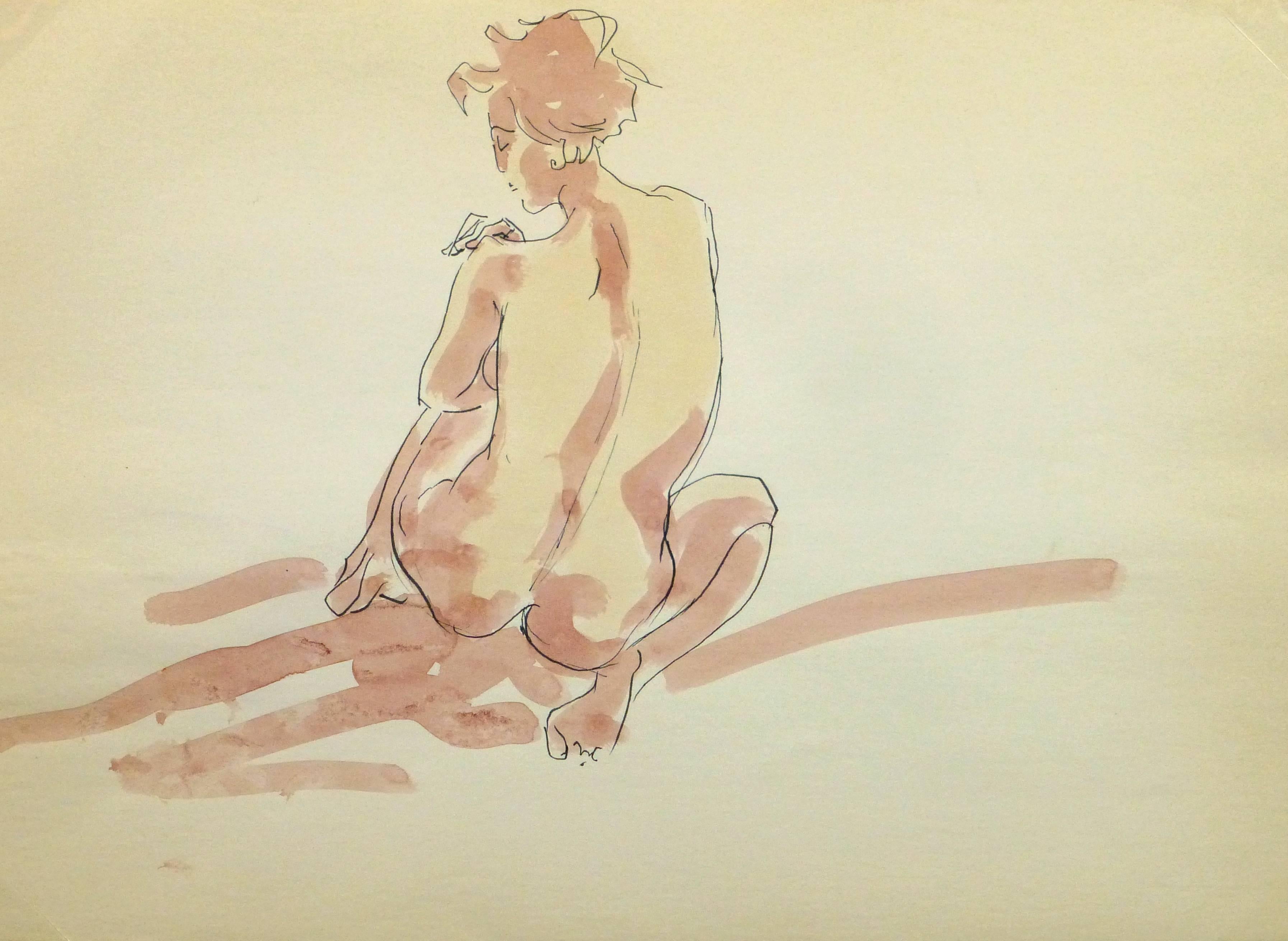 French Ink & Watercolor - Pink Nude - Art by Unknown
