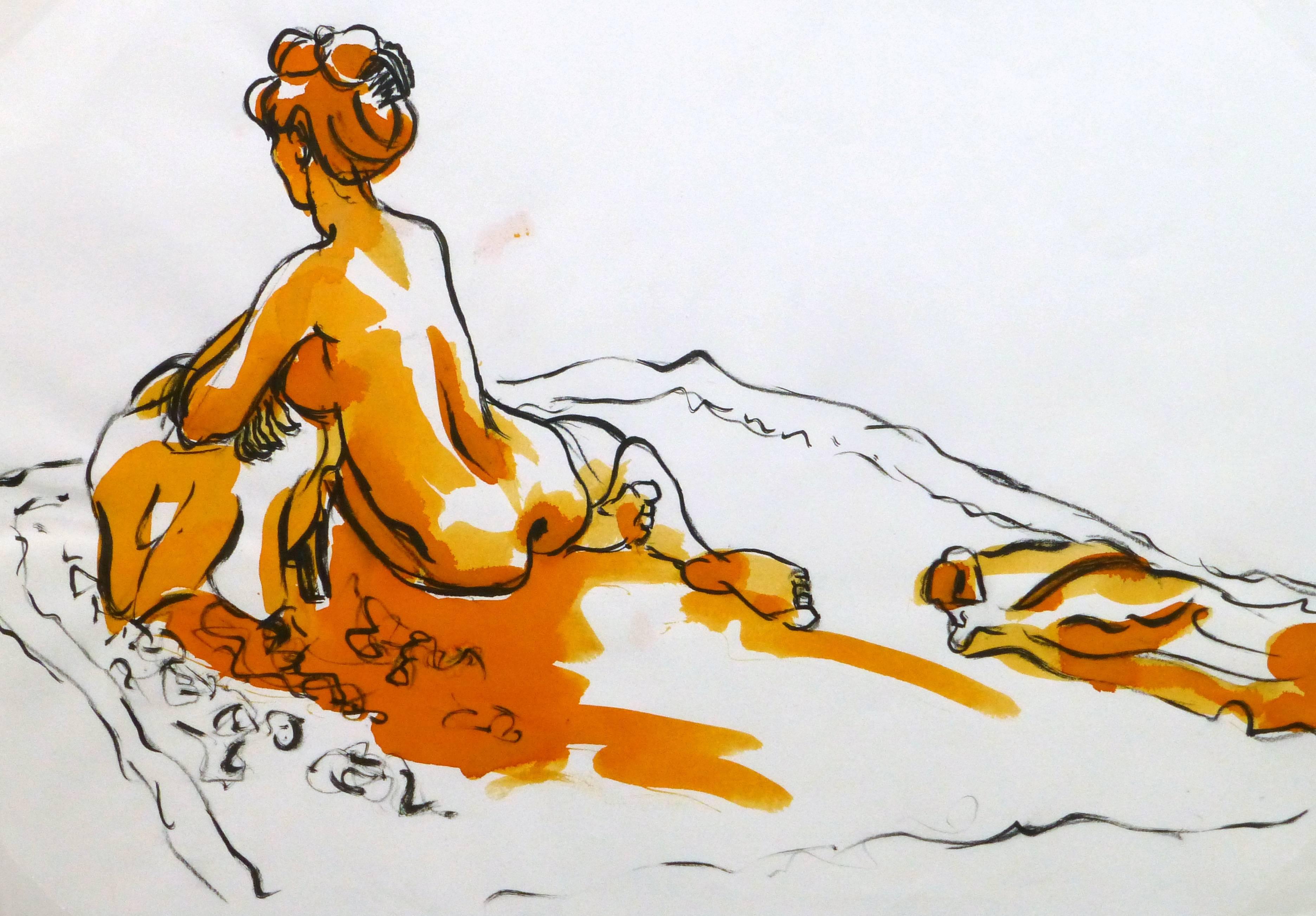 French Ink & Watercolor - Orange Nude - Art by Kei Mitsuuchi