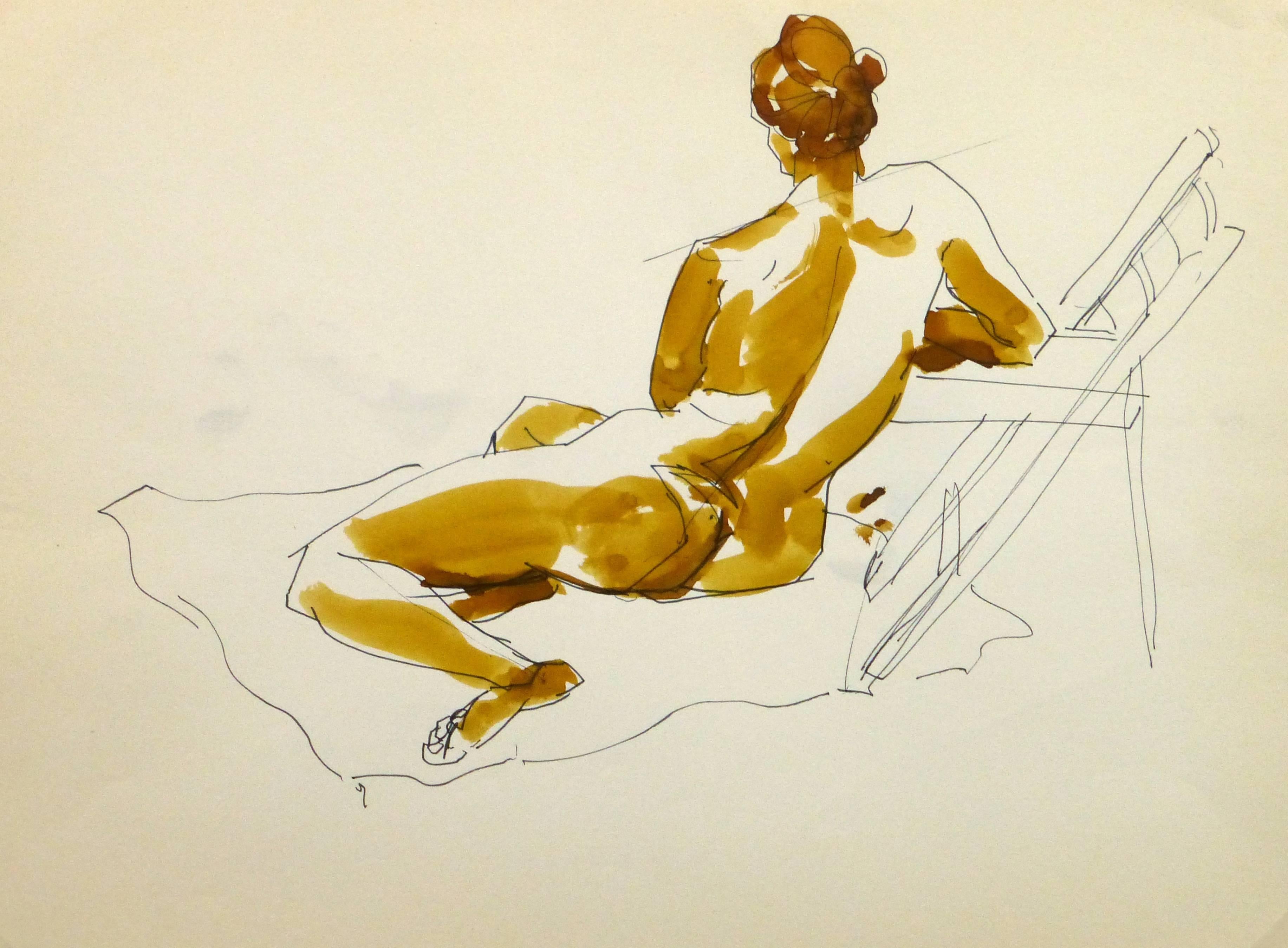 Unknown Nude - French Ink & Watercolor - 
