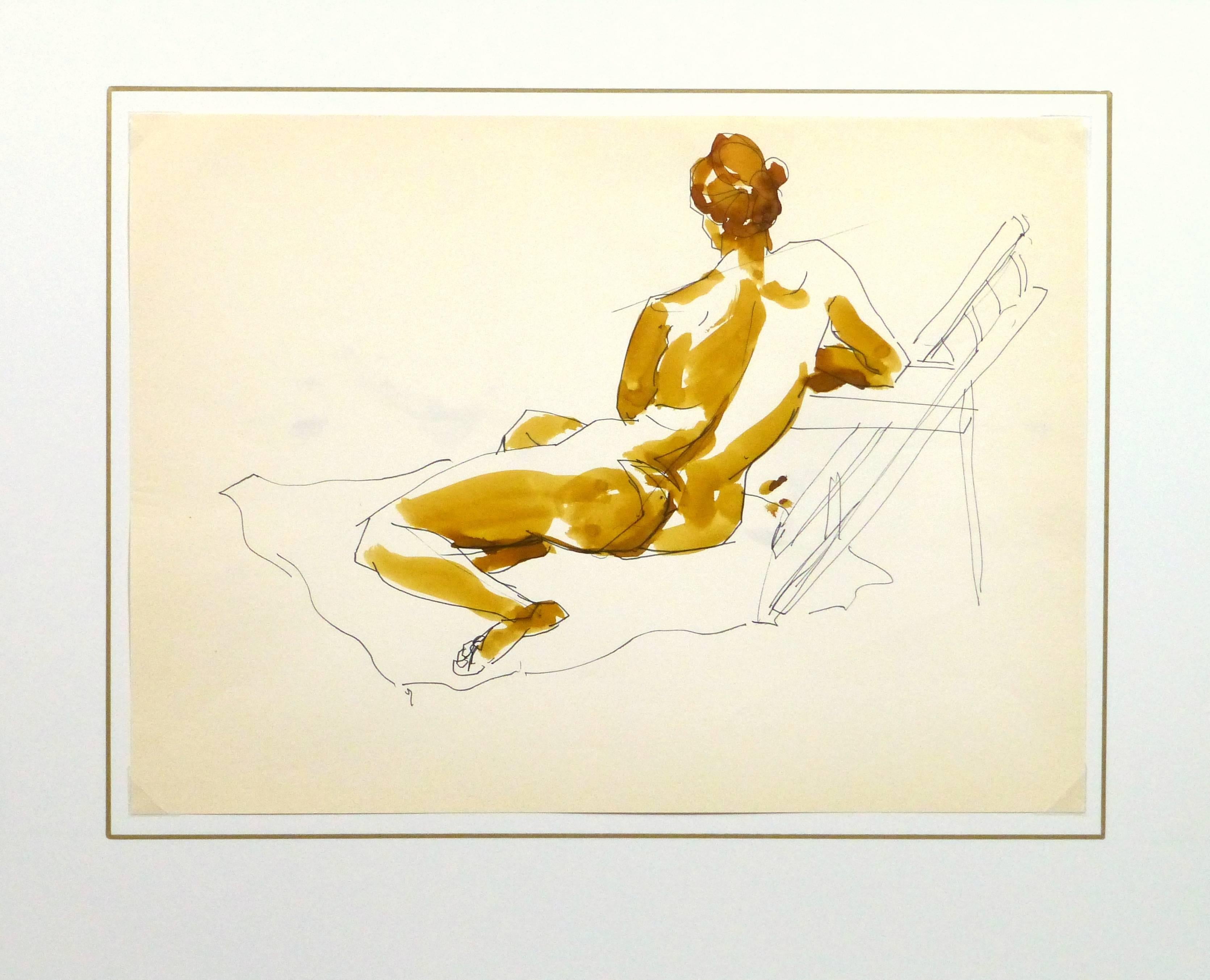 French watercolor and ink painting of a nude female figure reclining alongside a folding chair in earthy hues of brown.

Original artwork on paper displayed on a white mat with a gold border. Archival plastic sleeve and Certificate of Authenticity