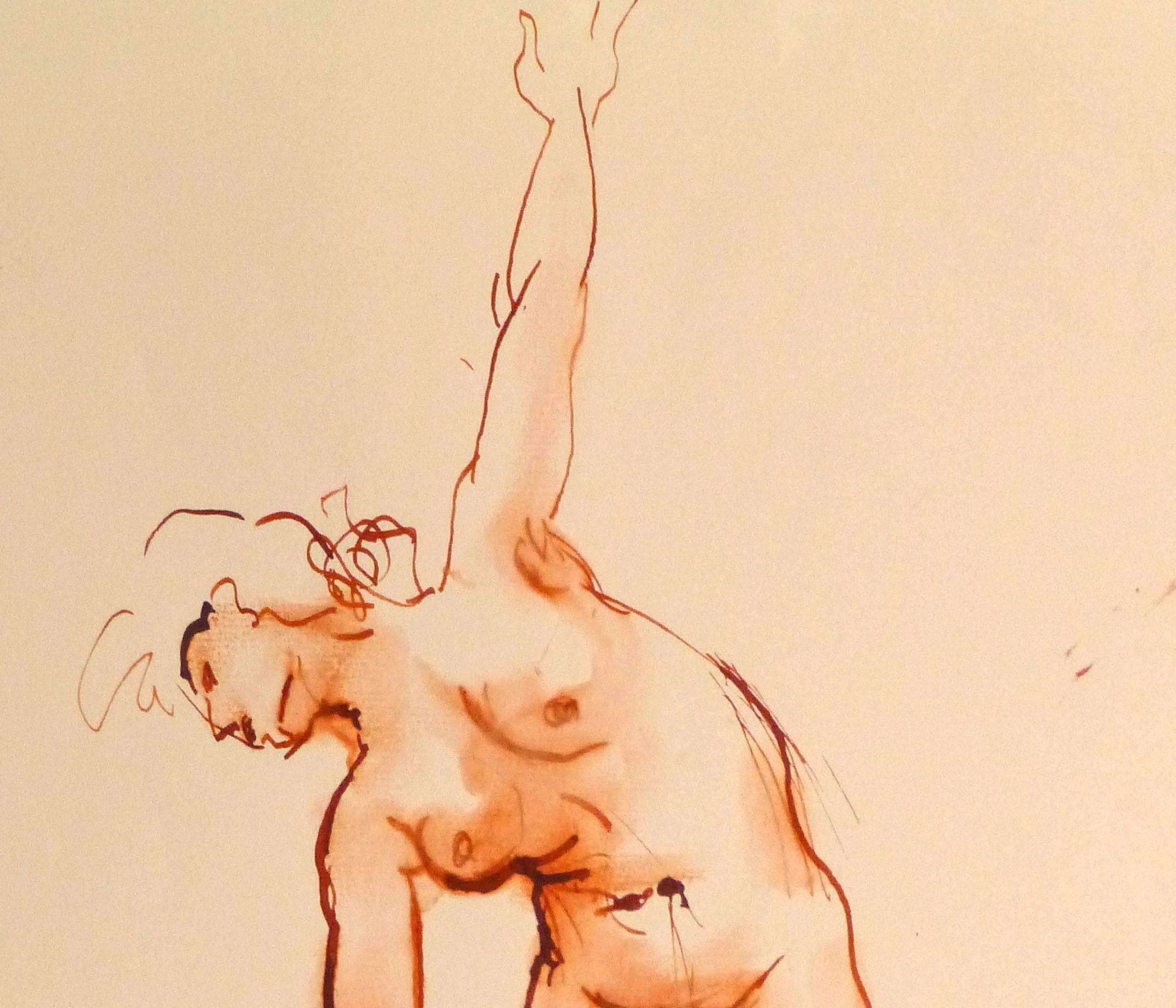 Aquarelle française et peinture à l'encre d'une figure féminine nue posant avec des objets géométriques par Jean-Baptiste Grancher, vers 1950.

Œuvre d'art originale sur papier présentée sur un tapis blanc avec une bordure dorée. Pochette plastique