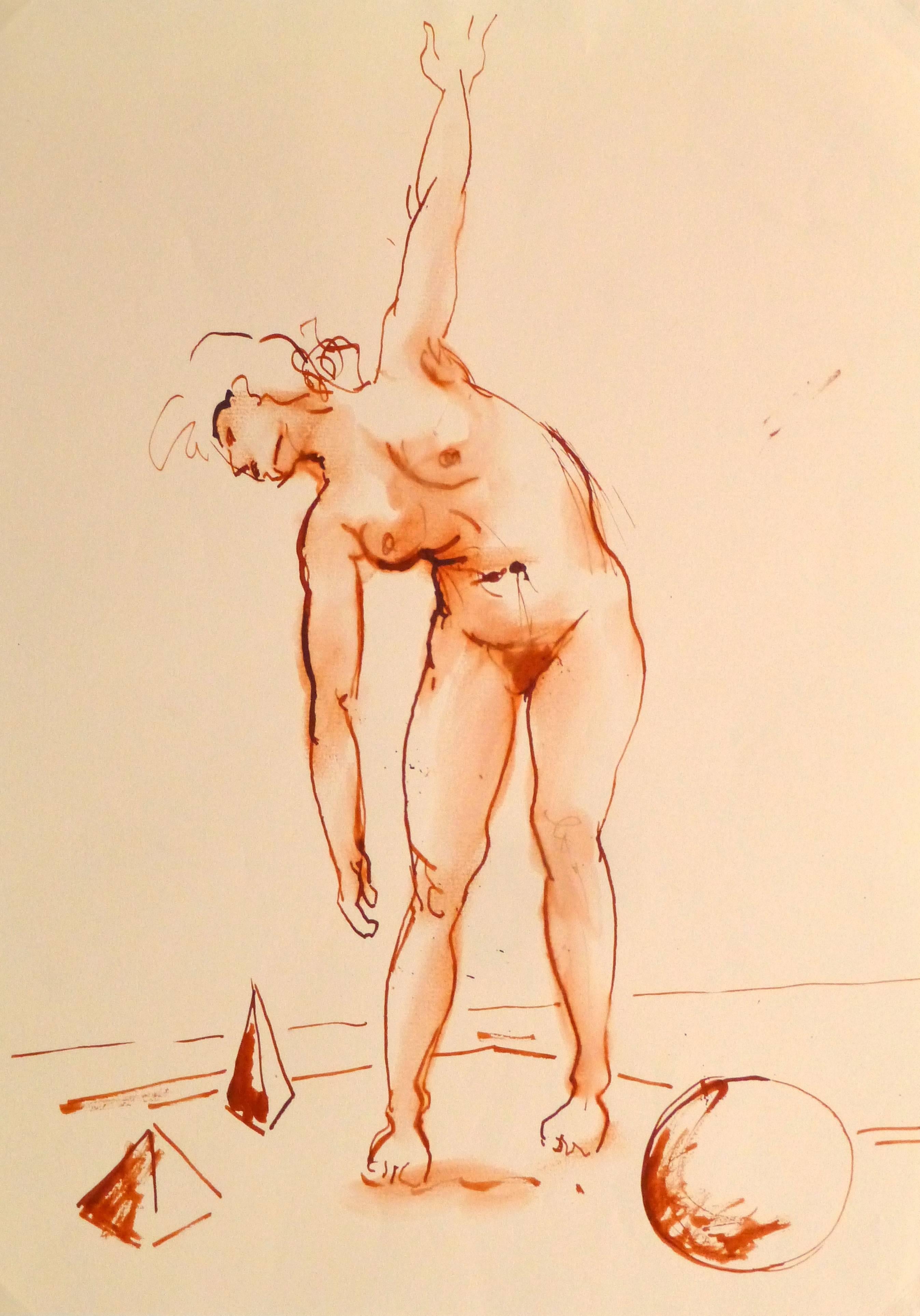 French Watercolor & Ink - Crimson Nude - Art by Jean-Baptiste Grancher