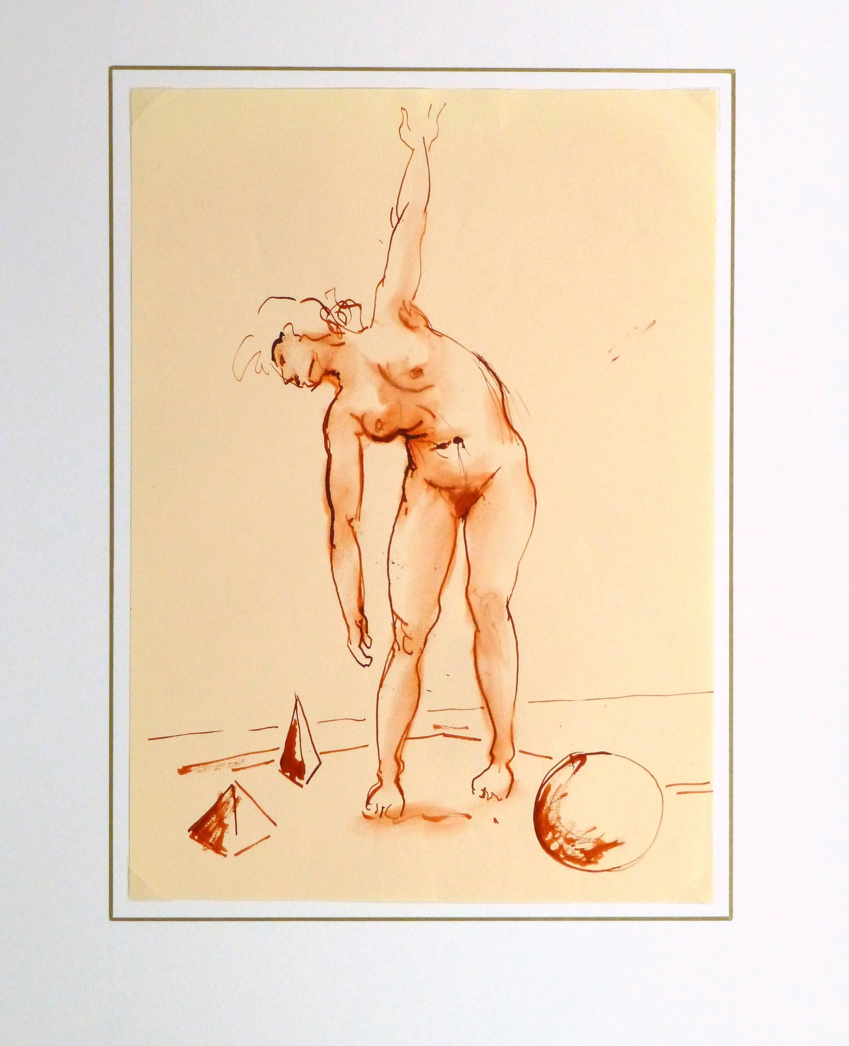 French Watercolor & Ink - Crimson Nude For Sale 2