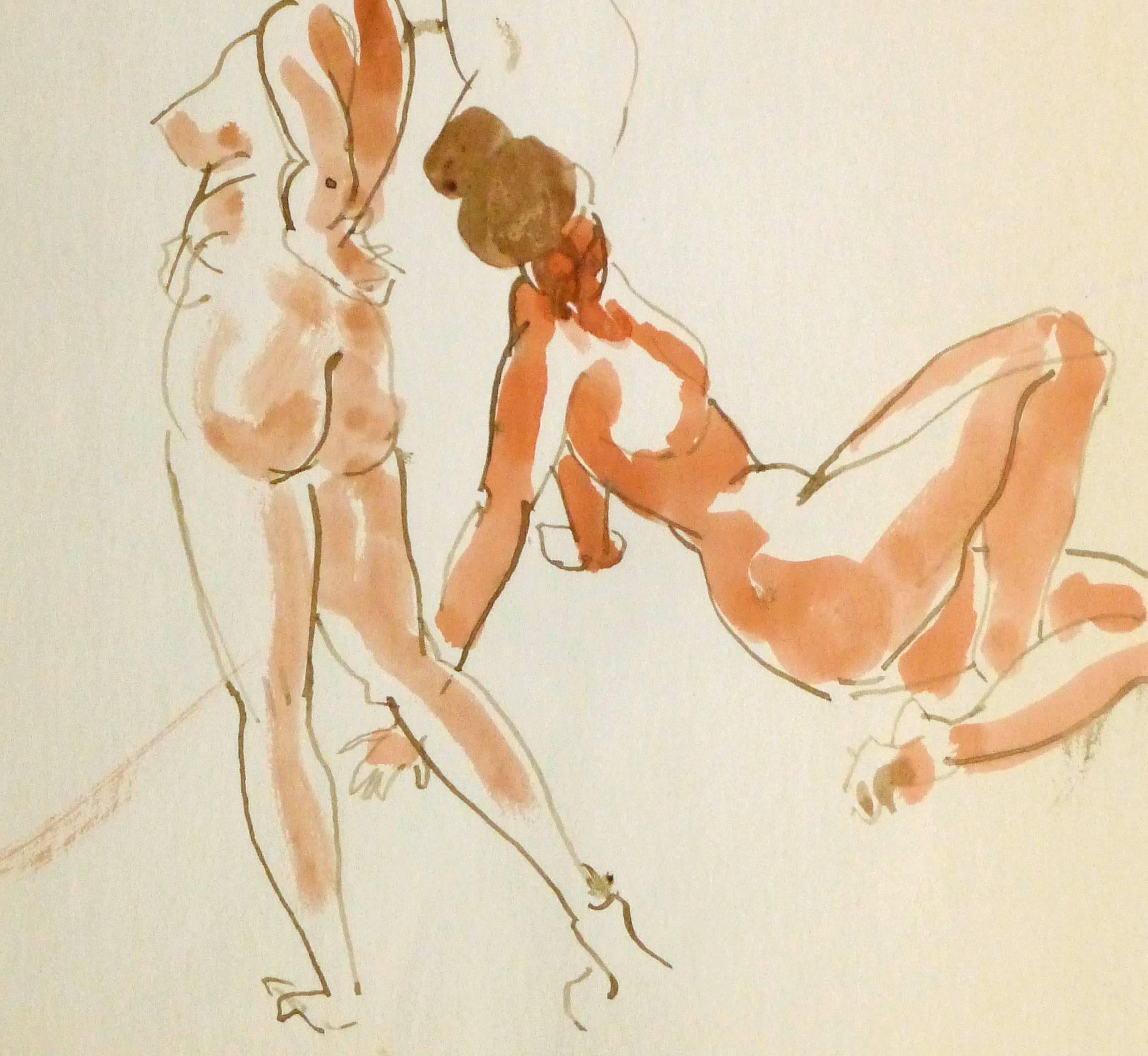 French Watercolor & Ink - Three Poses - Beige Nude by Jean-Baptiste Grancher