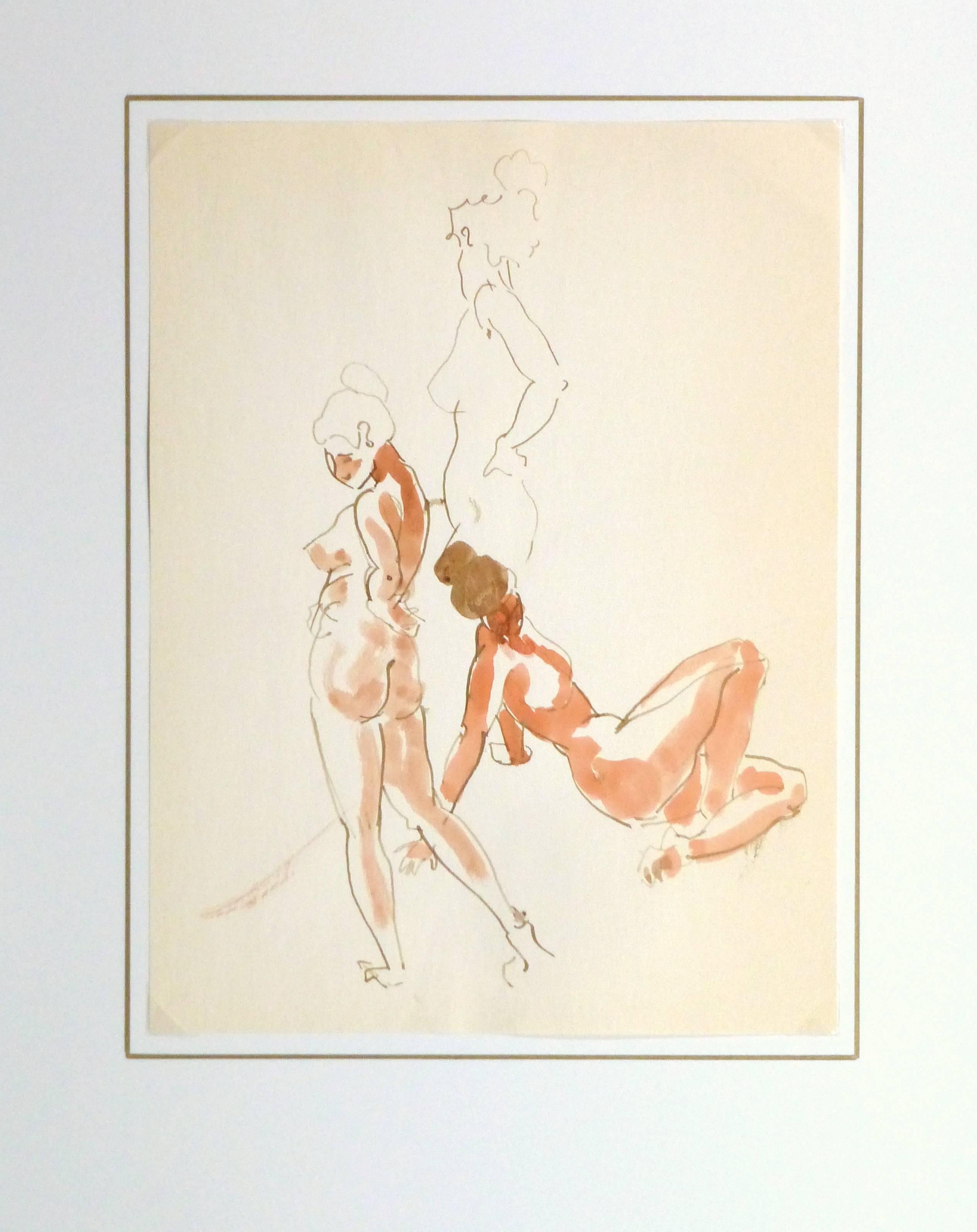 Softly hued watercolor painting of a nude female figure in various poses, circa 1960.

Original artwork on paper displayed on a white mat with a gold border. Archival plastic sleeve and Certificate of Authenticity included. Artwork, 14