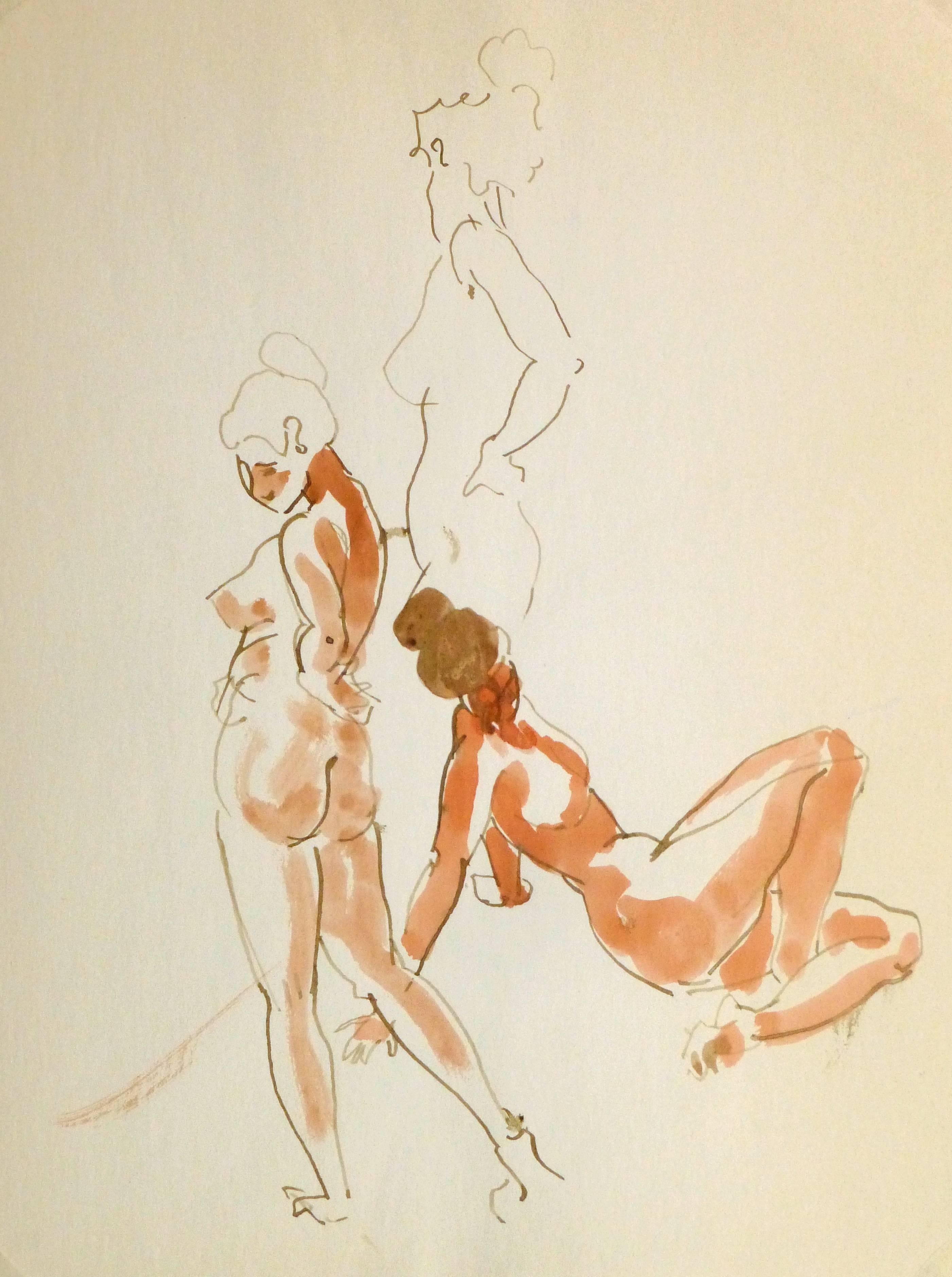 Jean-Baptiste Grancher Nude - French Watercolor & Ink - Three Poses