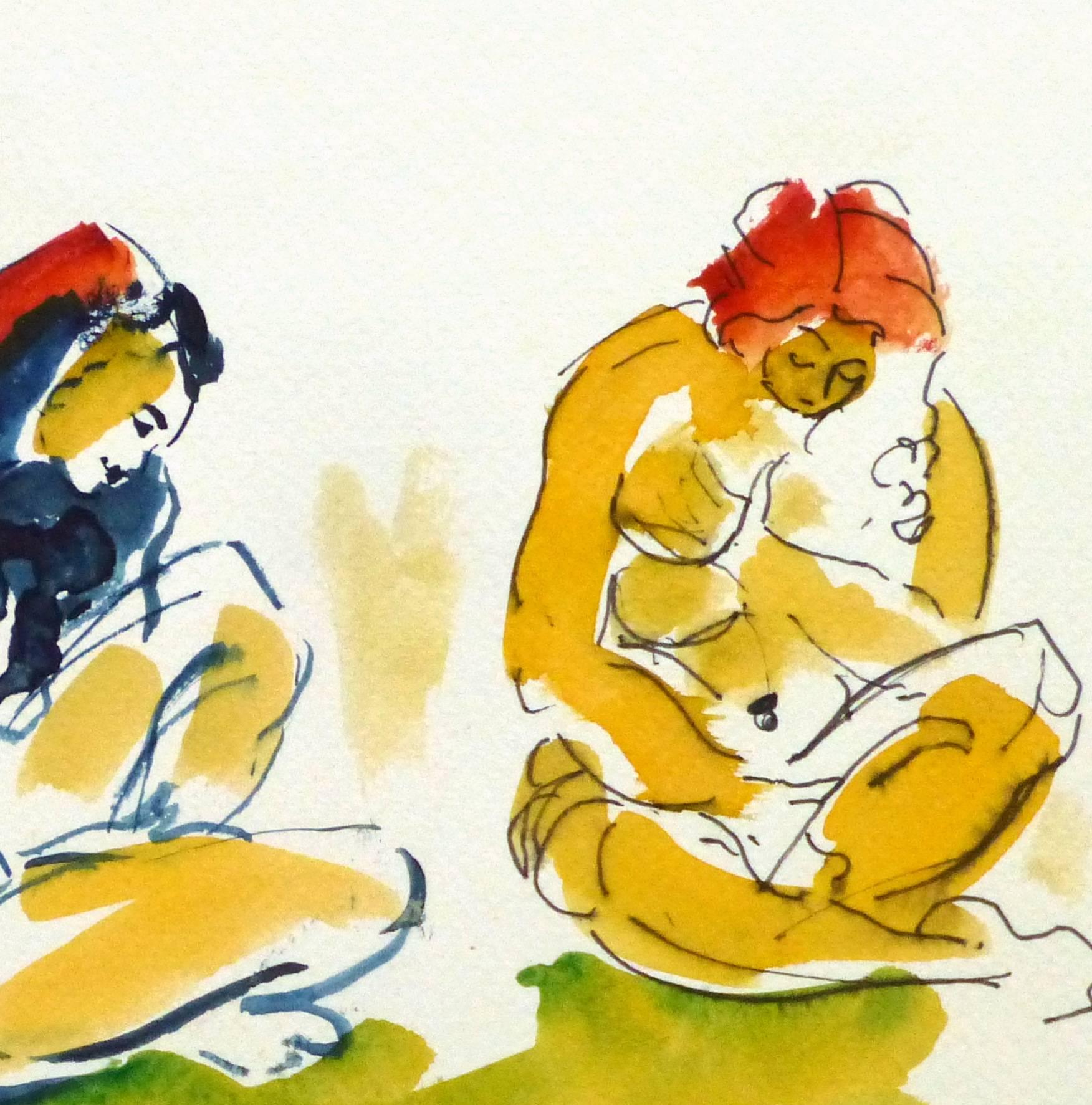 Ink & Watercolor - A Study in Sitting - Art by Unknown