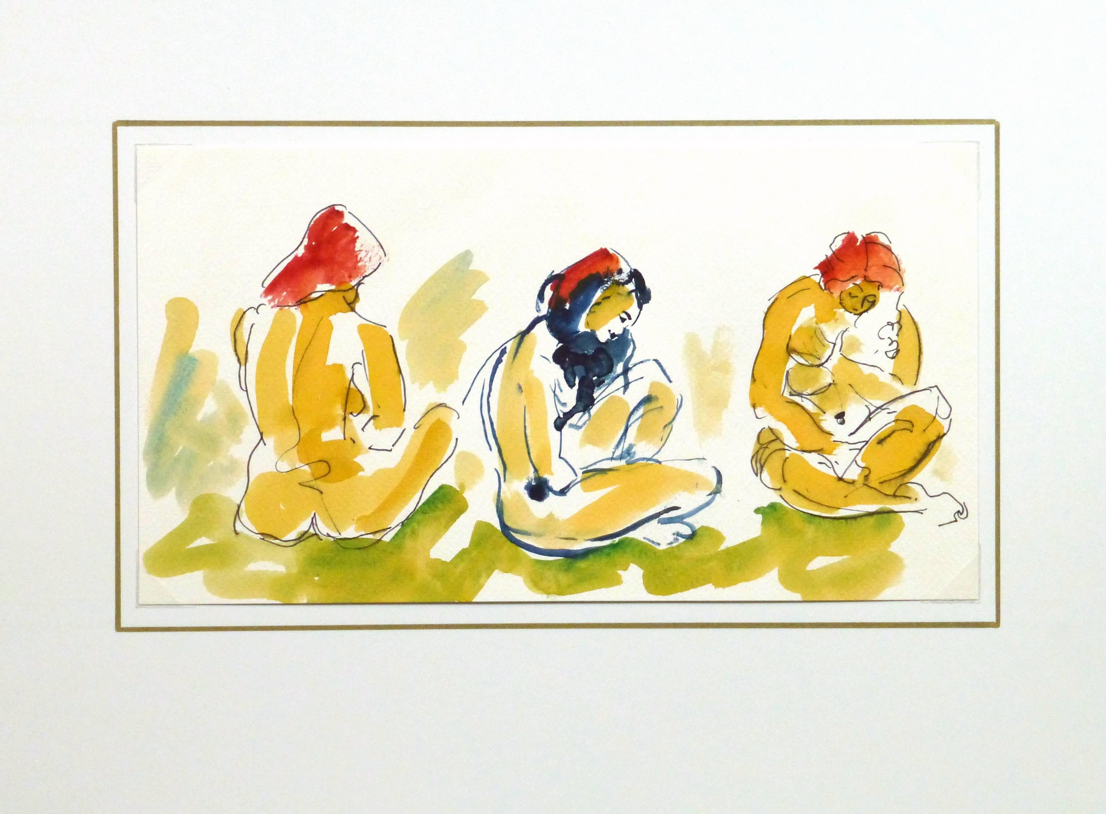 Brightly hued watercolor and ink painting of auburn haired nude females seated from various angles, circa 1990. 

Original artwork on paper displayed on a white mat with a gold border. Archival plastic sleeve and Certificate of Authenticity