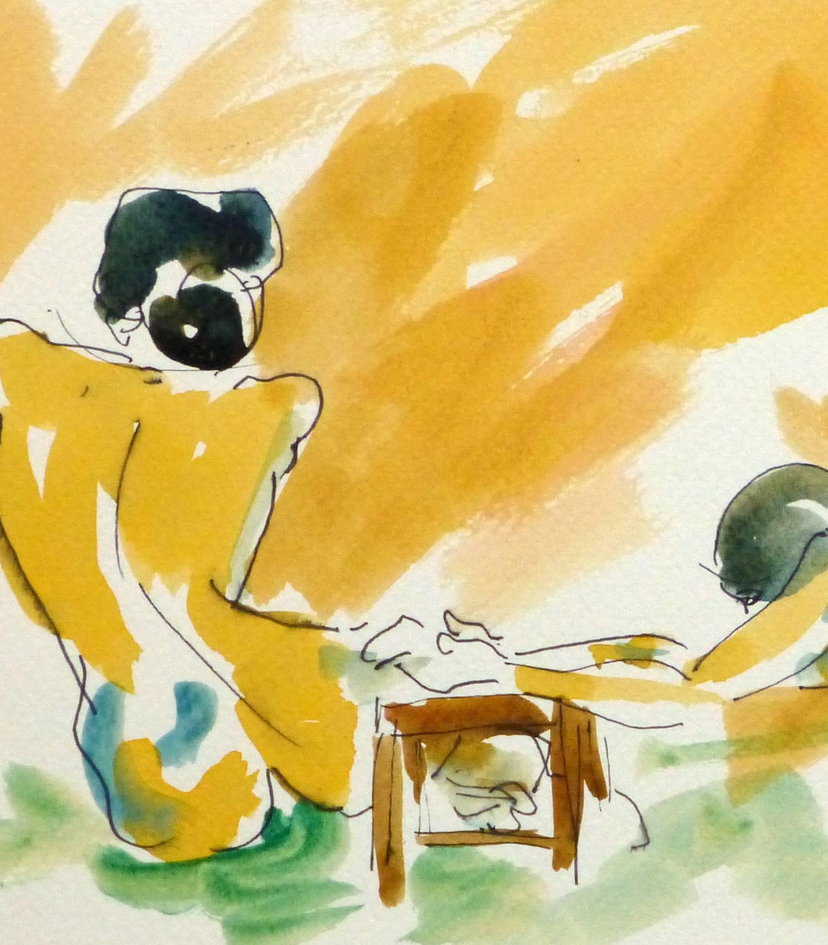 Nudo a inchiostro e acquerello - Trio di angoli - Art di Unknown