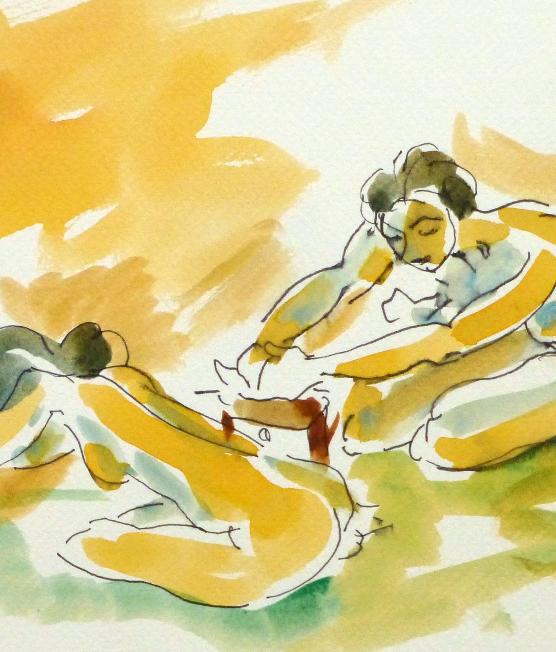 Nudo a inchiostro e acquerello - Trio di angoli - Nude Beige di Unknown