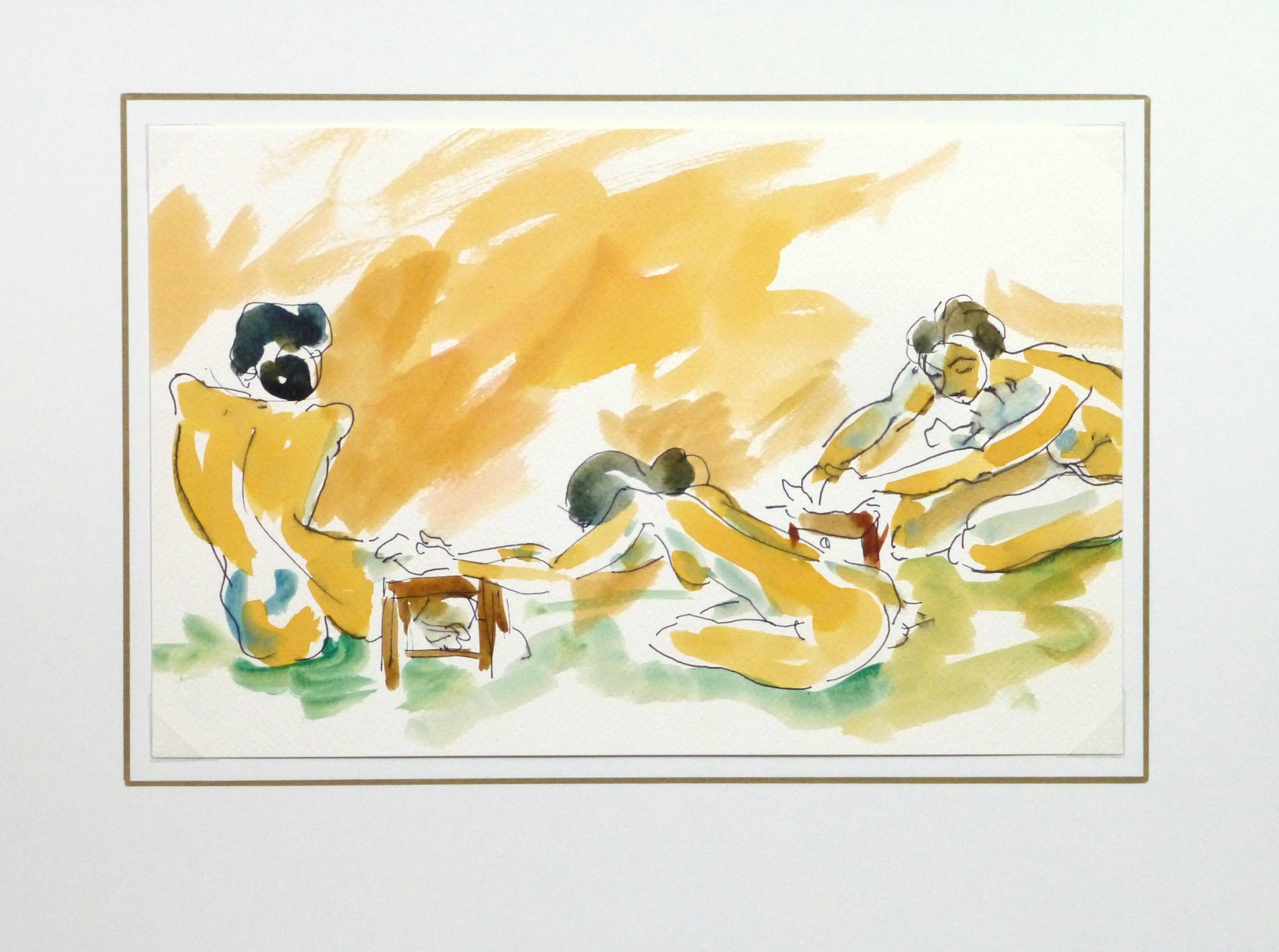 Dipinto a inchiostro e acquerello dalle tonalità vivaci con figure femminili nude in tre diverse pose, circa 1990. 

Opera d'arte originale su carta esposta su un tappetino bianco con bordo dorato. Custodia in plastica per archivi e certificato di