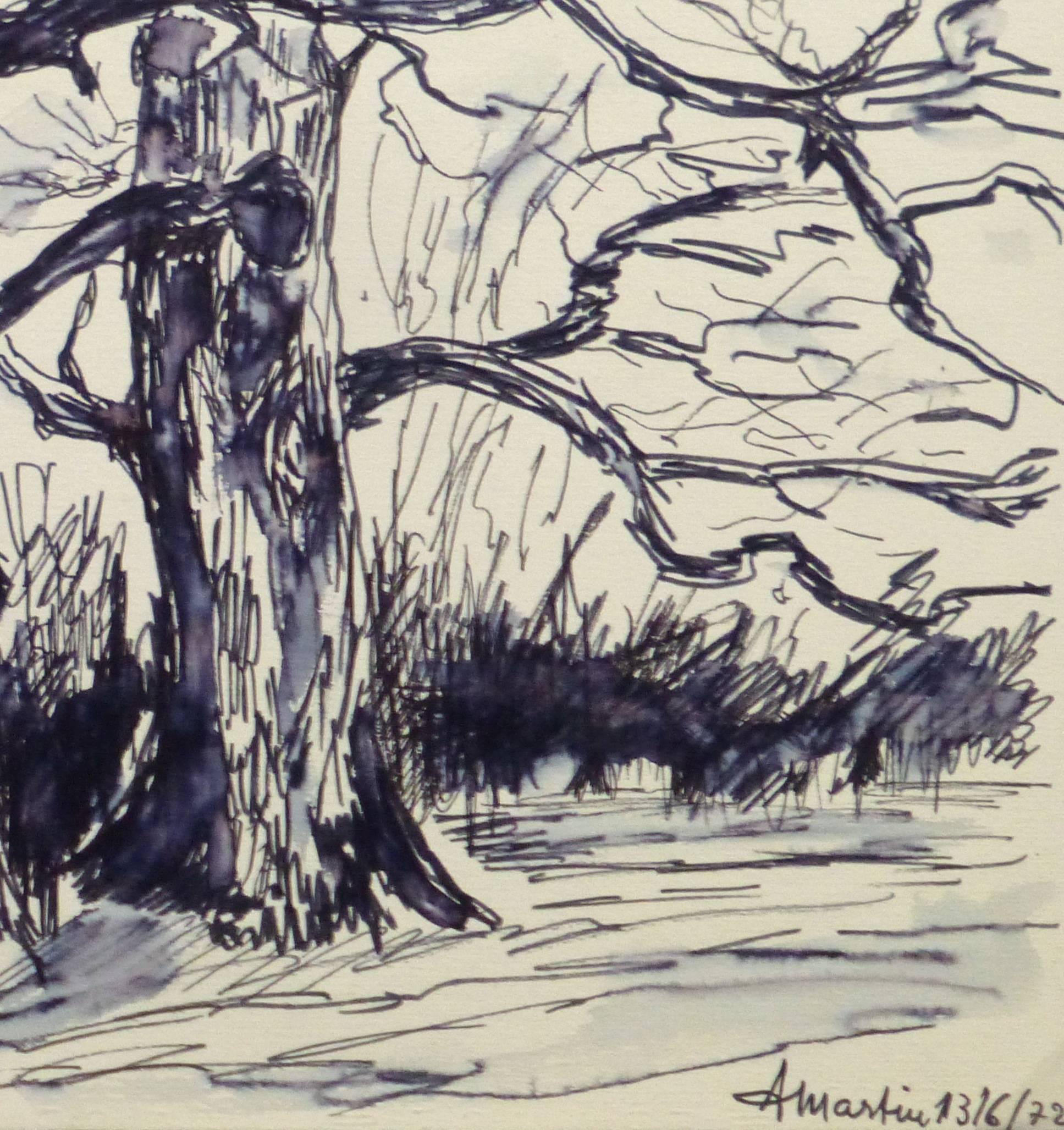 French Pen & Ink - Two Trees - Art by Unknown