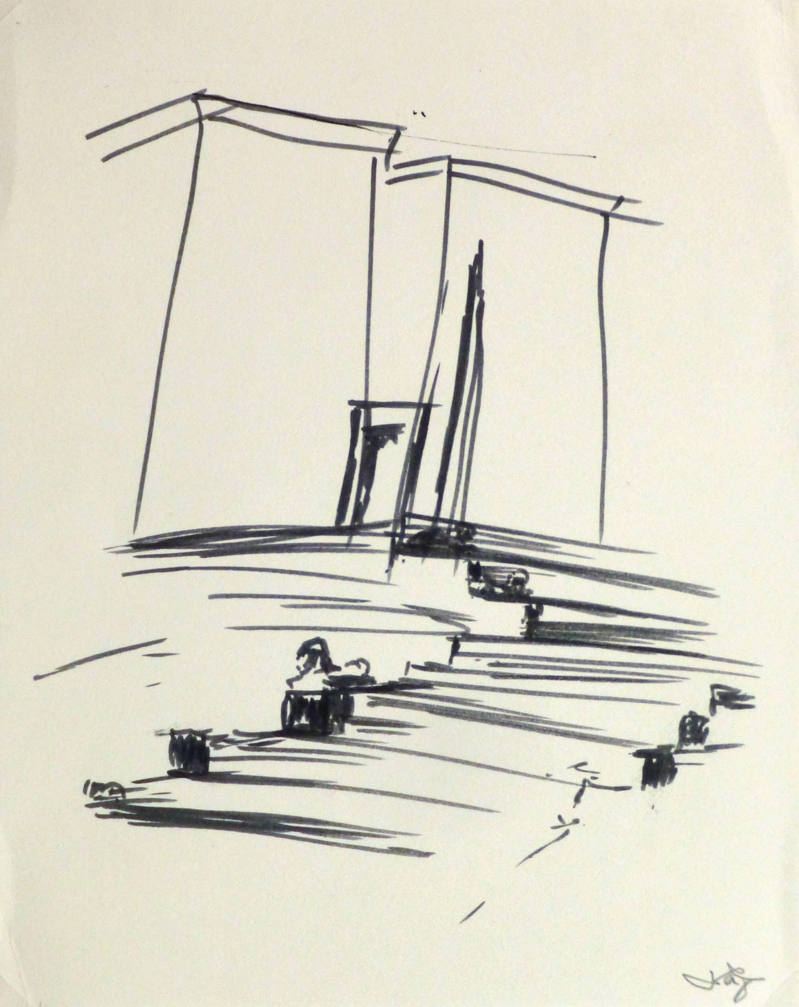 Unknown Landscape Art - Ink Drawing - Egyptian Steps to Temple