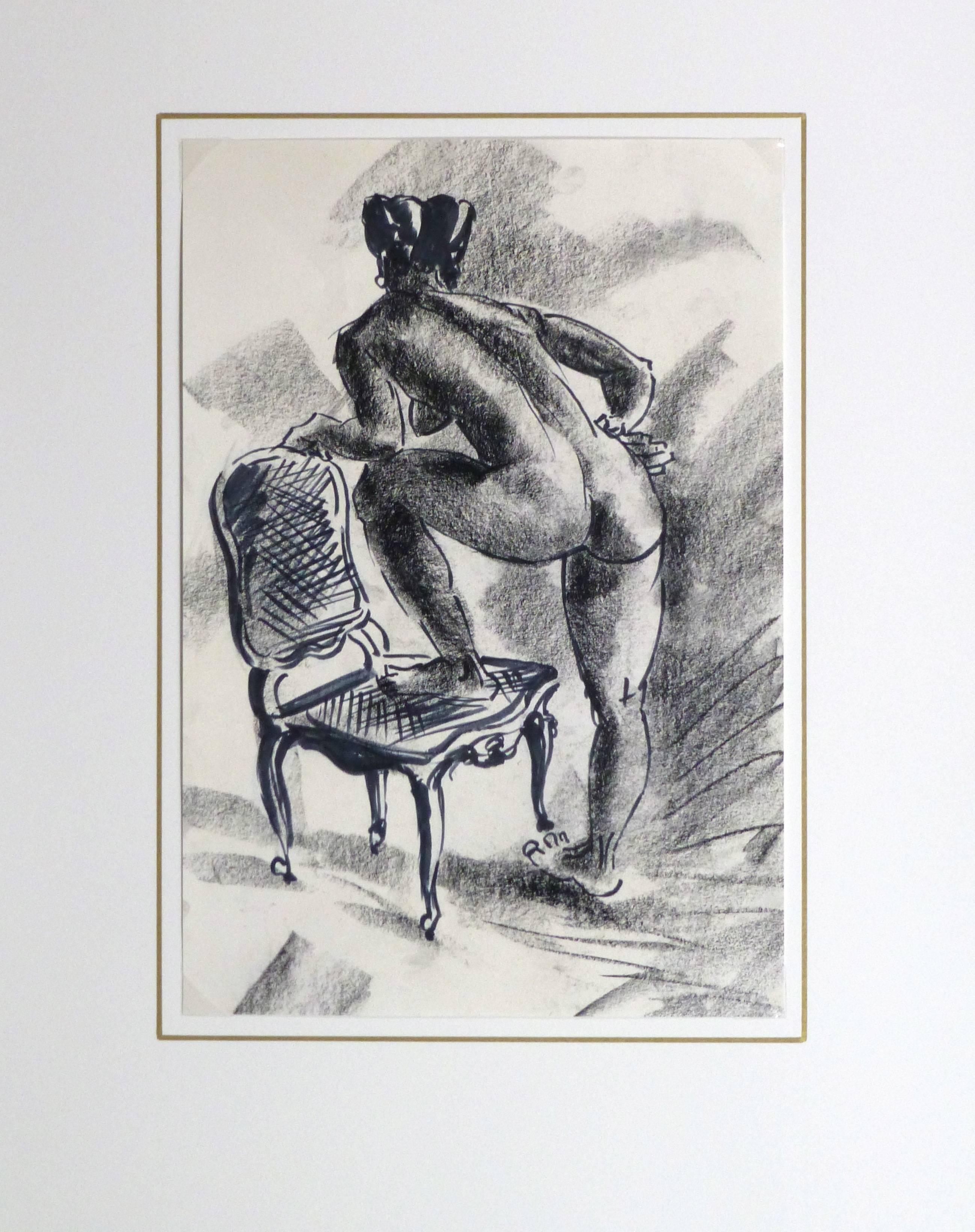Ink & Charcoal Drawing - Nude with Chair 2