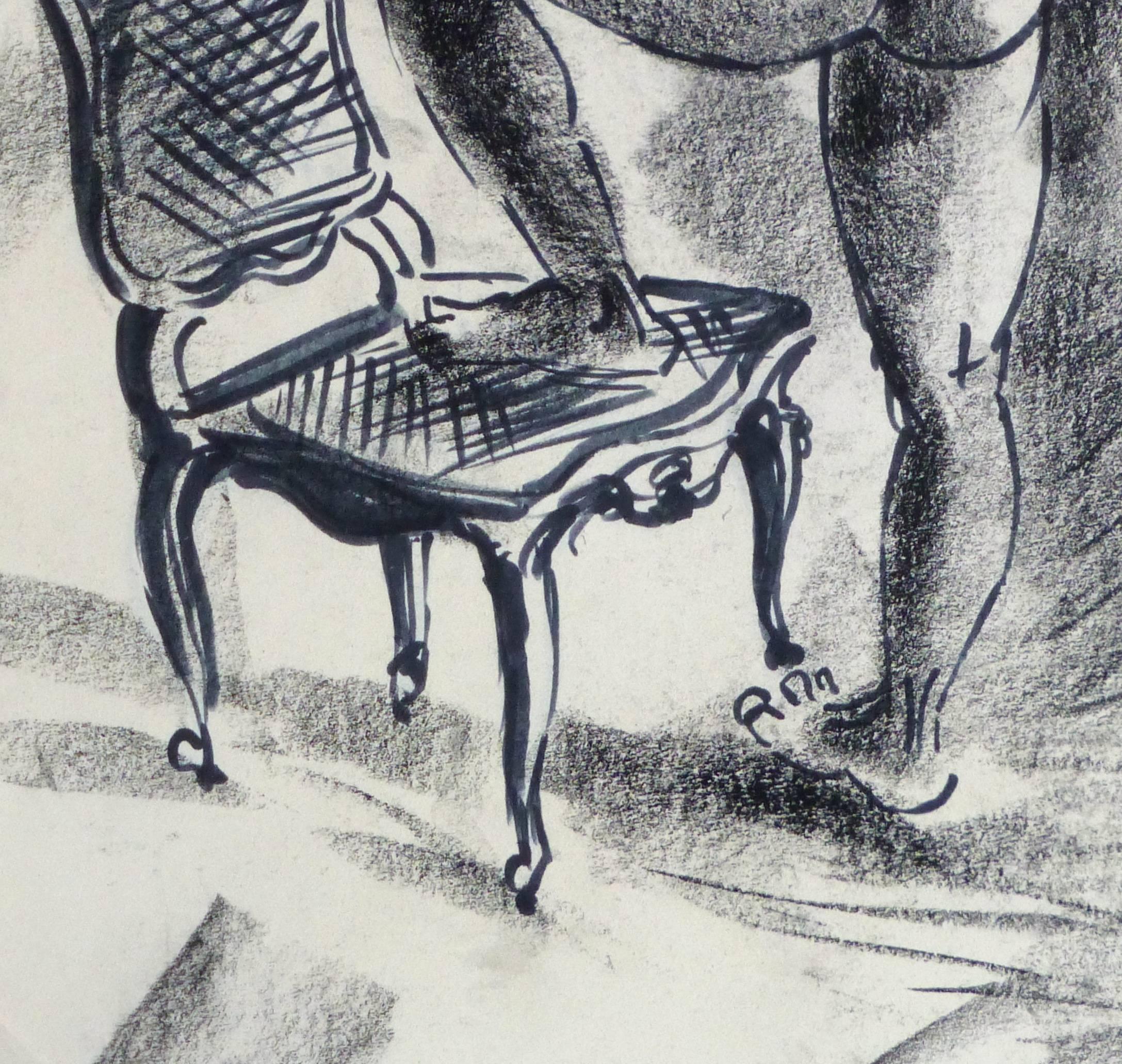 Ink & Charcoal Drawing - Nude with Chair 1