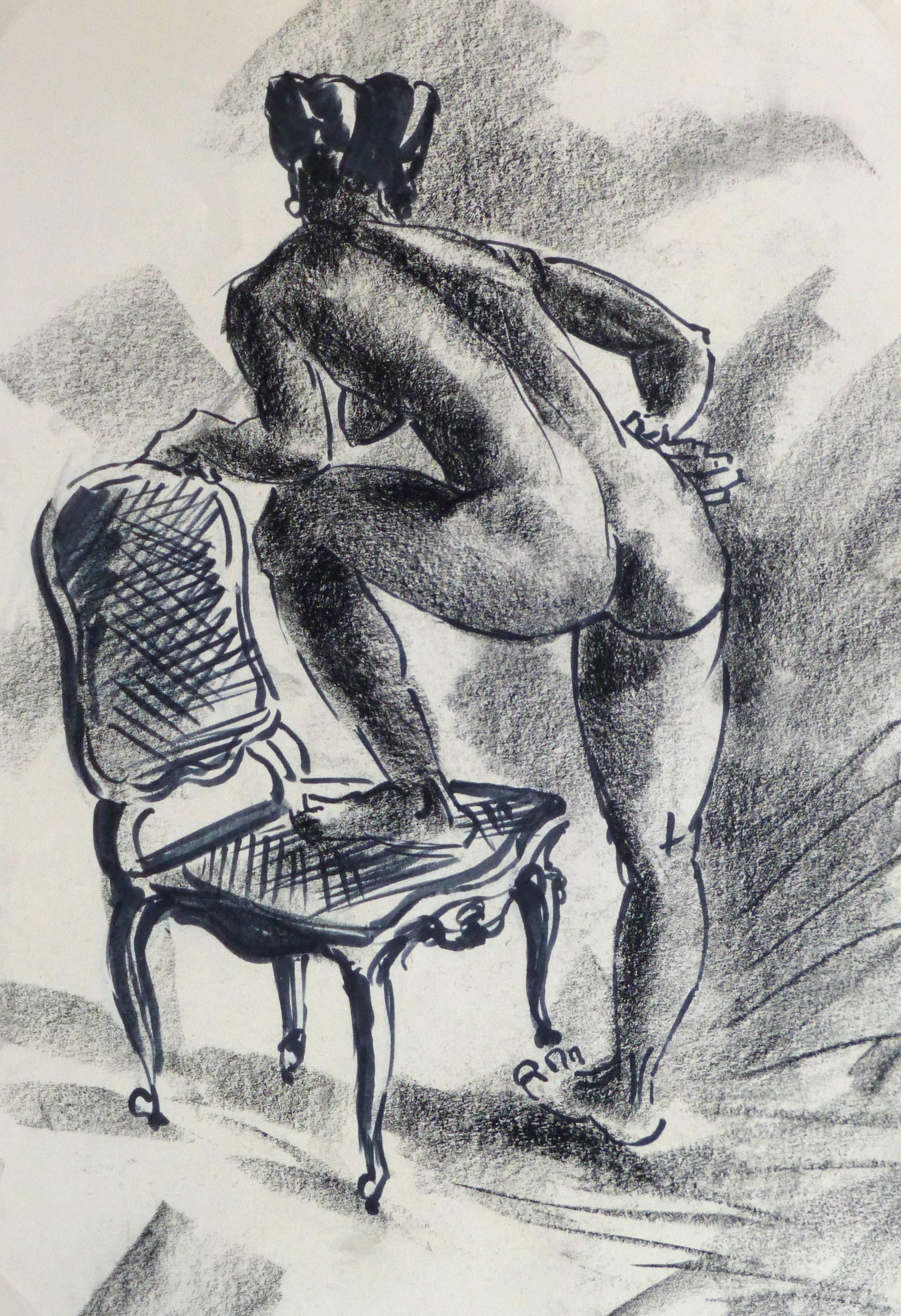 Ink & Charcoal Drawing - Nude with Chair - Art by Unknown