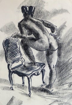 Ink & Charcoal Drawing - Nude with Chair