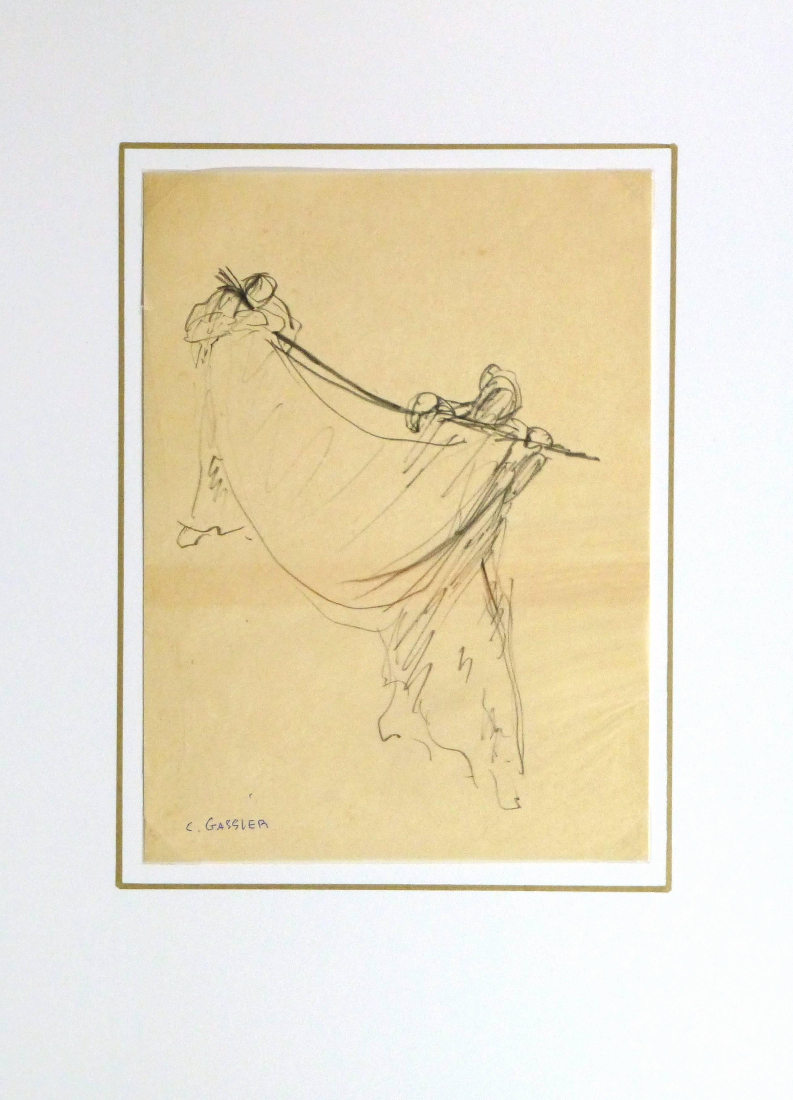 Vintage Croquis au crayon de deux personnages portant un grand tissu ondulant, par C. Gassier, vers 1930. Signé en bas à gauche.

Œuvre d'art originale sur papier présentée sur un tapis blanc avec une bordure dorée. Pochette plastique d'archivage et