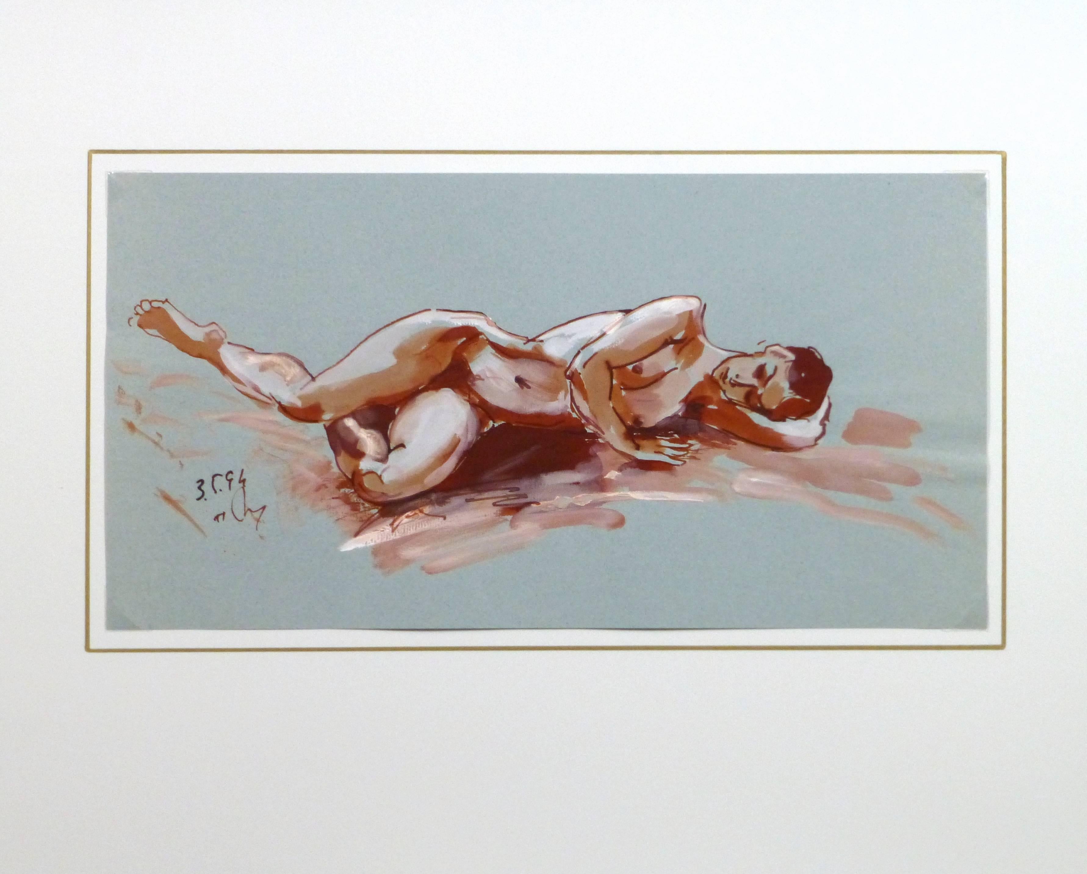 Striking watercolor and ink painting of a nude female figure lying on her side, in brilliant shades of red against blue paper by artist Kei Mitsuuchi, 1994. Signed and dated lower left. 

Original artwork on paper displayed on a white mat with a